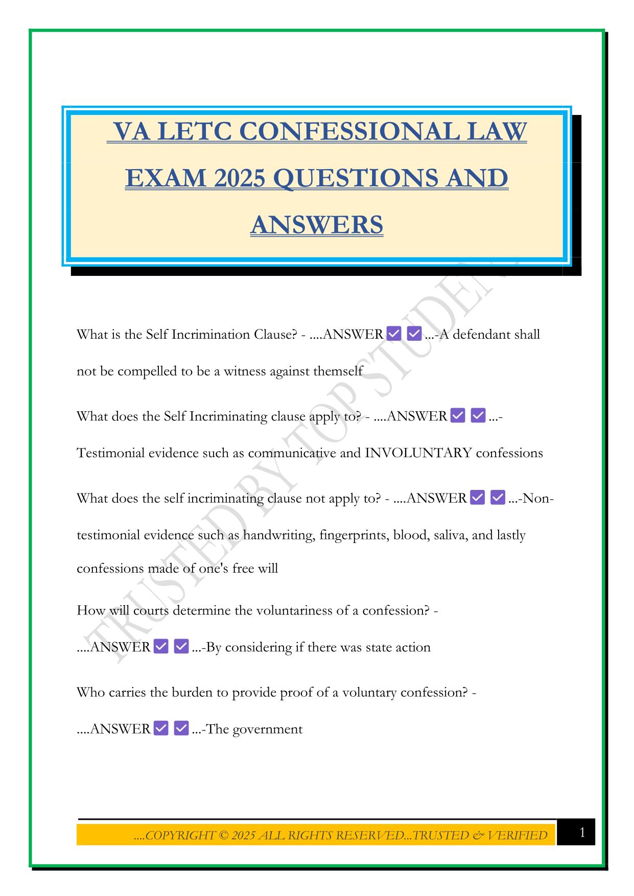 VA LETC CONFESSIONAL LAW EXAM 2025 QUESTIONS AND ANSWERS
