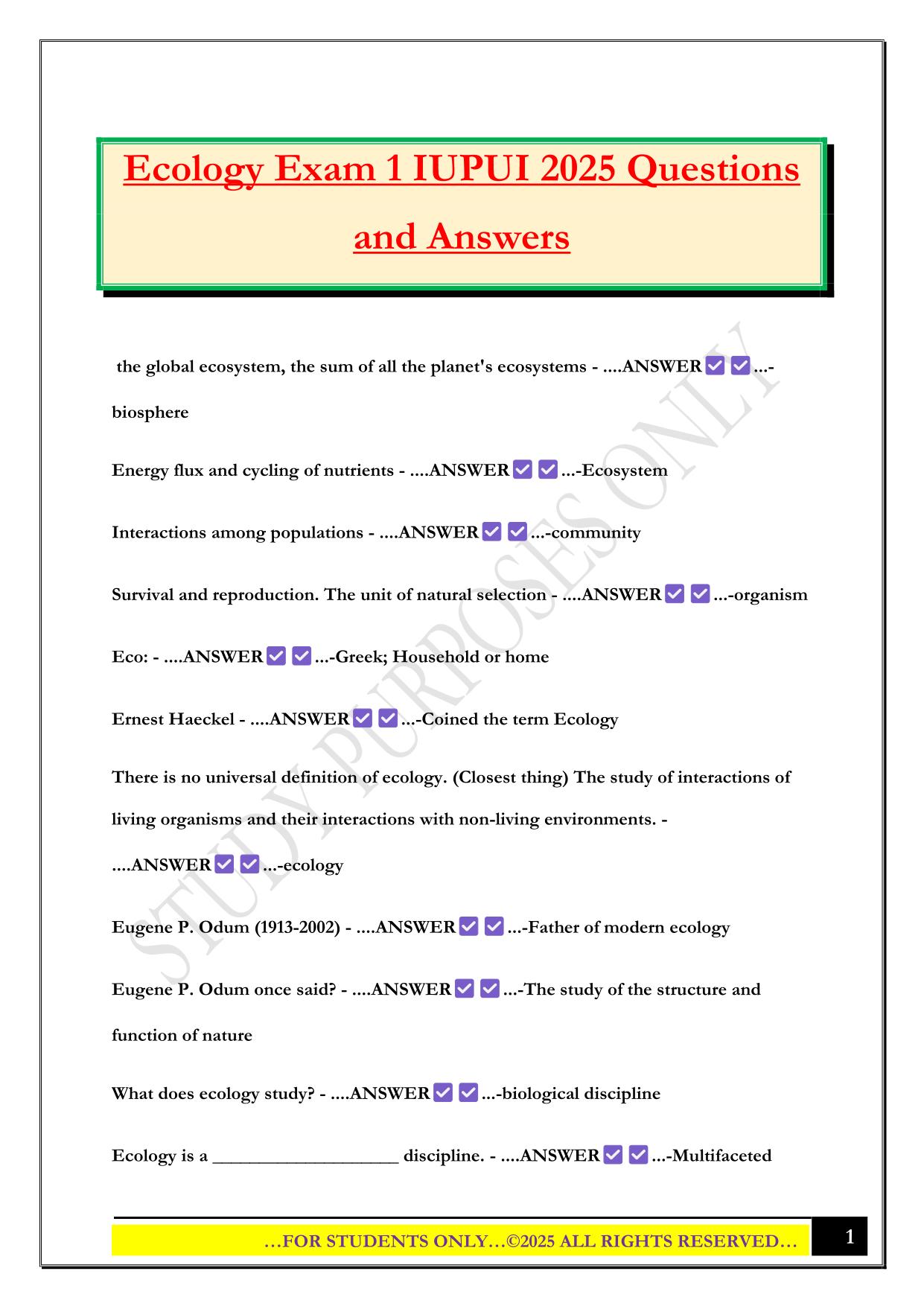 Ecology Exam 1 IUPUI 2025 Questions and Answers