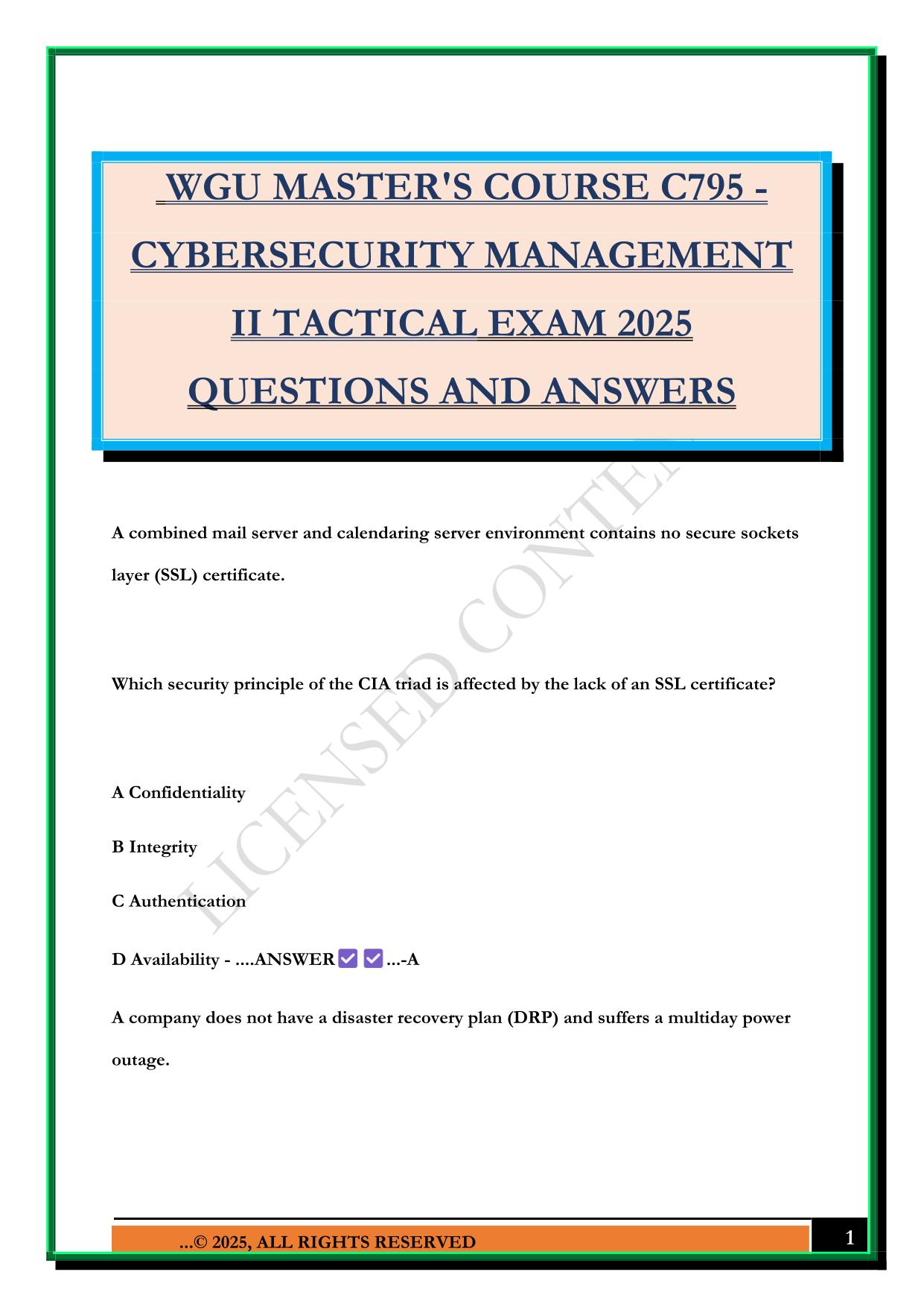 WGU MASTER'S COURSE C795 - CYBERSECURITY MANAGEMENT II TACTICAL EXAM 2025 QUESTIONS AND ANSWERS