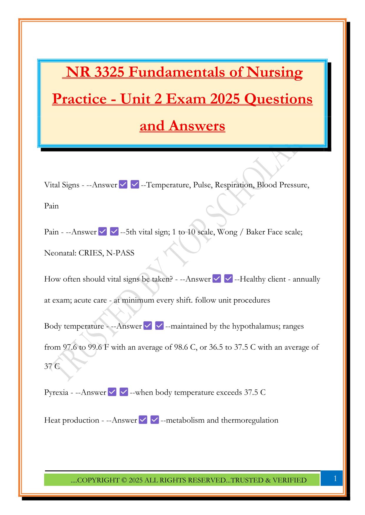 NR 3325 Fundamentals of Nursing Practice - Unit 2 Exam 2025 Questions and Answer