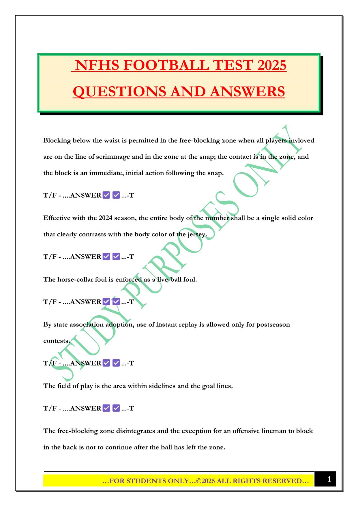 NFHS FOOTBALL TEST 2025 QUESTIONS AND ANSWERS