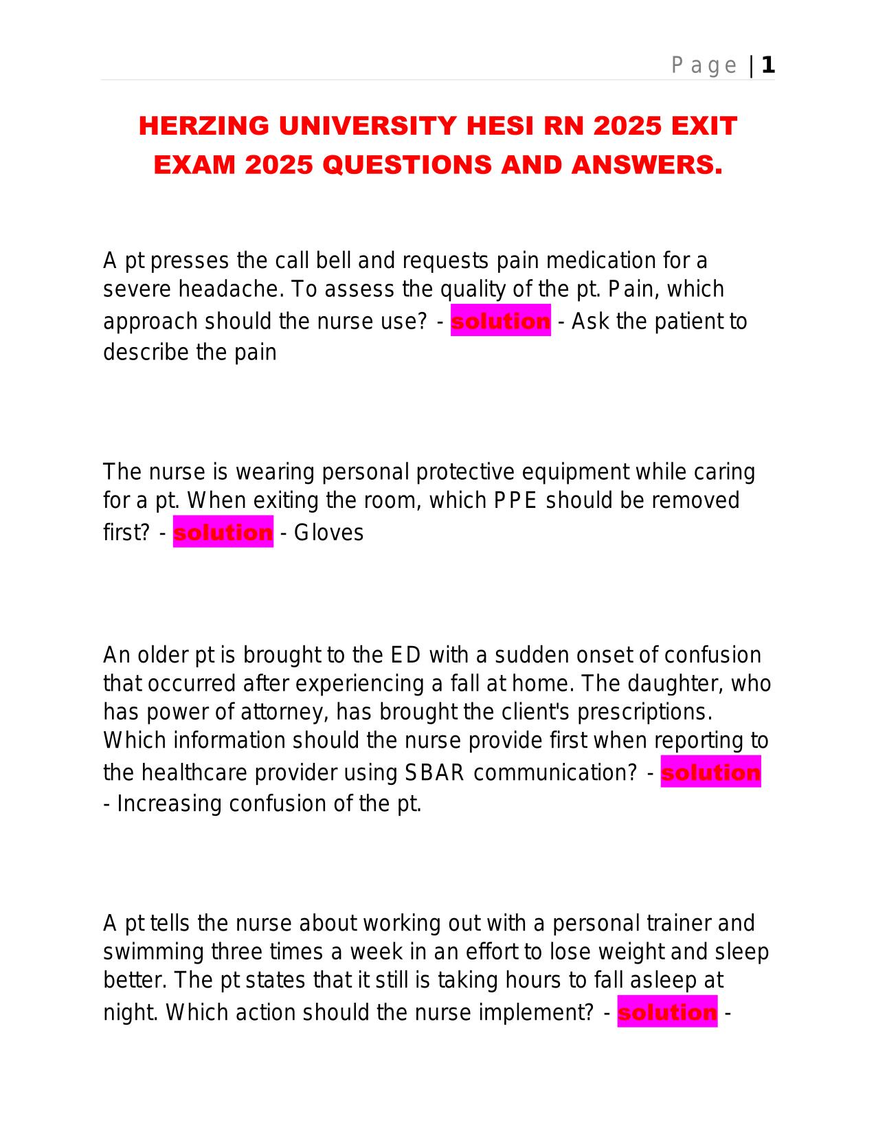 HERZING UNIVERSITY HESI RN 2025 EXIT EXAM 2025 QUESTIONS AND ANSWERS.