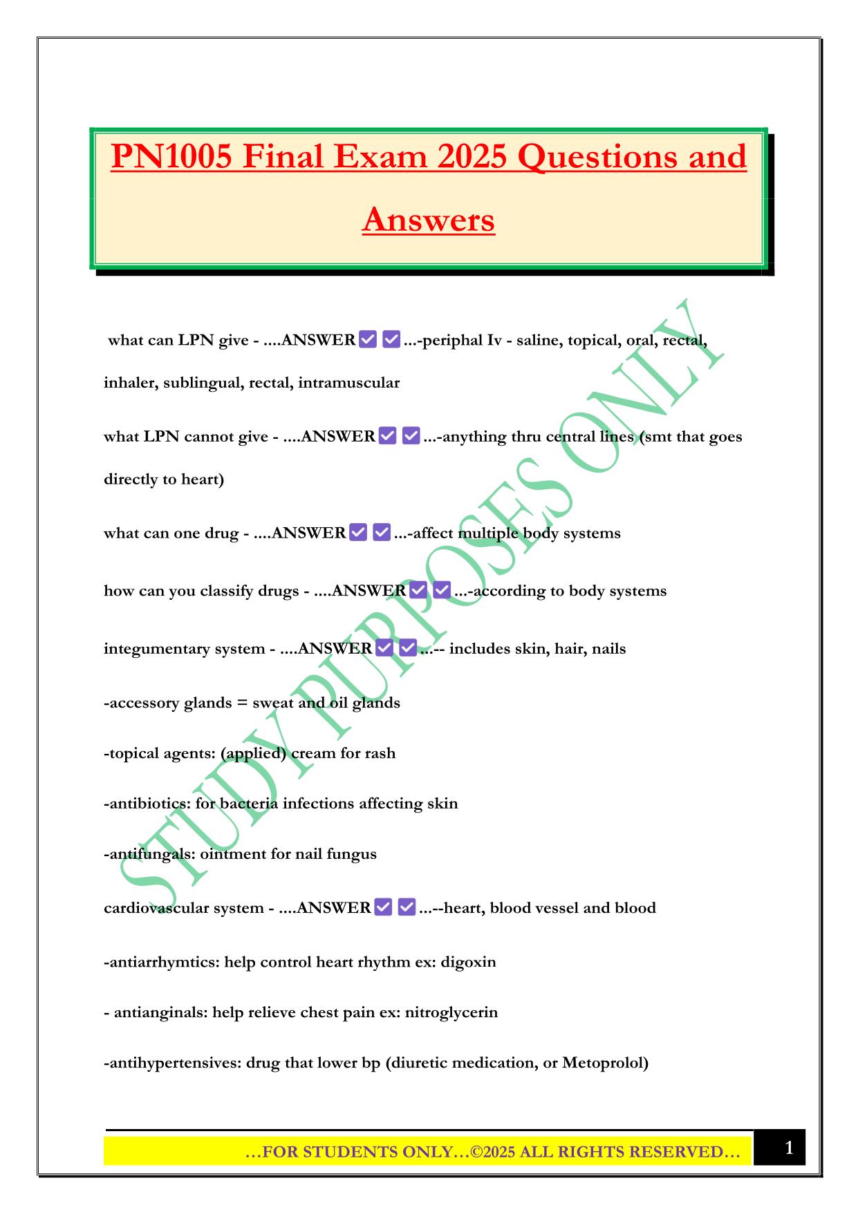 PN1005 Final Exam 2025 Questions and Answers