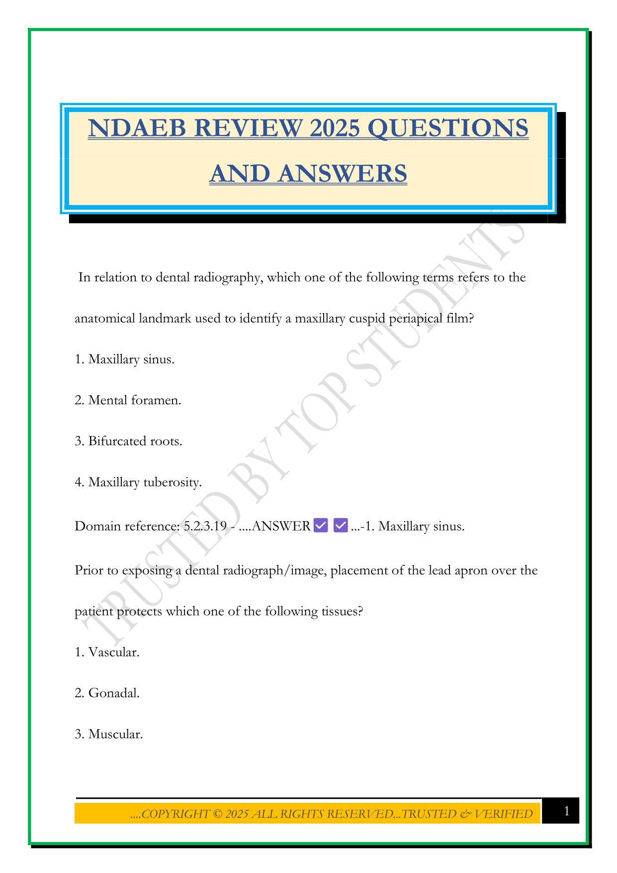 NDAEB REVIEW 2025 QUESTIONS AND ANSWERS