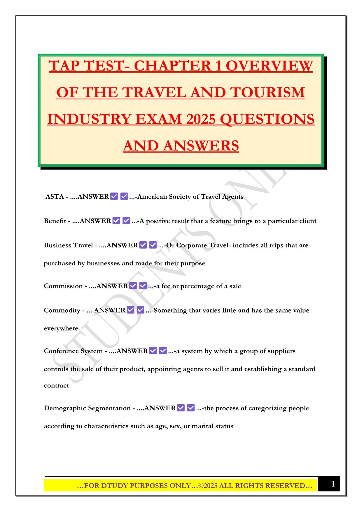 TAP TEST- CHAPTER 1 OVERVIEW OF THE TRAVEL AND TOURISM INDUSTRY EXAM 2025 QUESTIONS AND ANSWERS