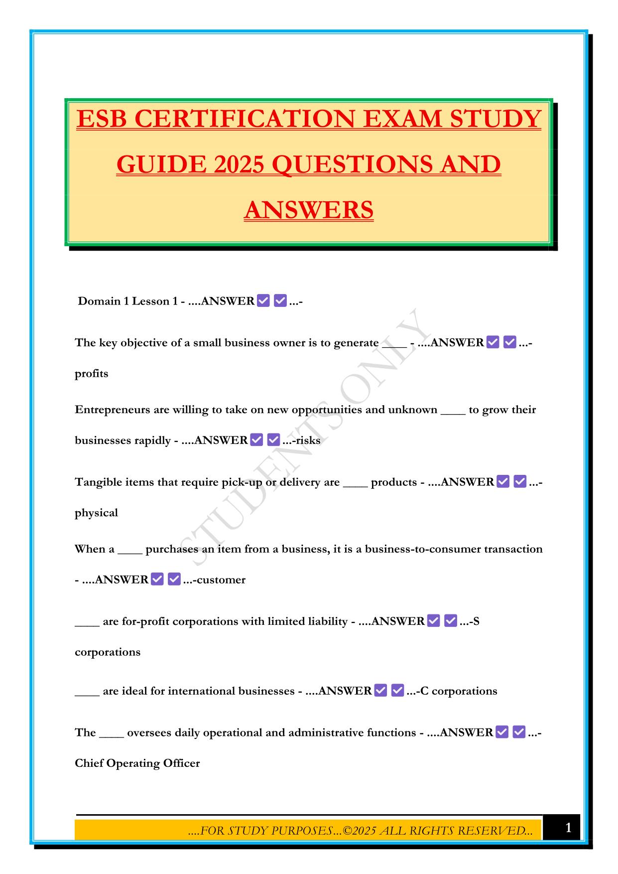 ESB CERTIFICATION EXAM STUDY GUIDE 2025 QUESTIONS AND ANSWERS