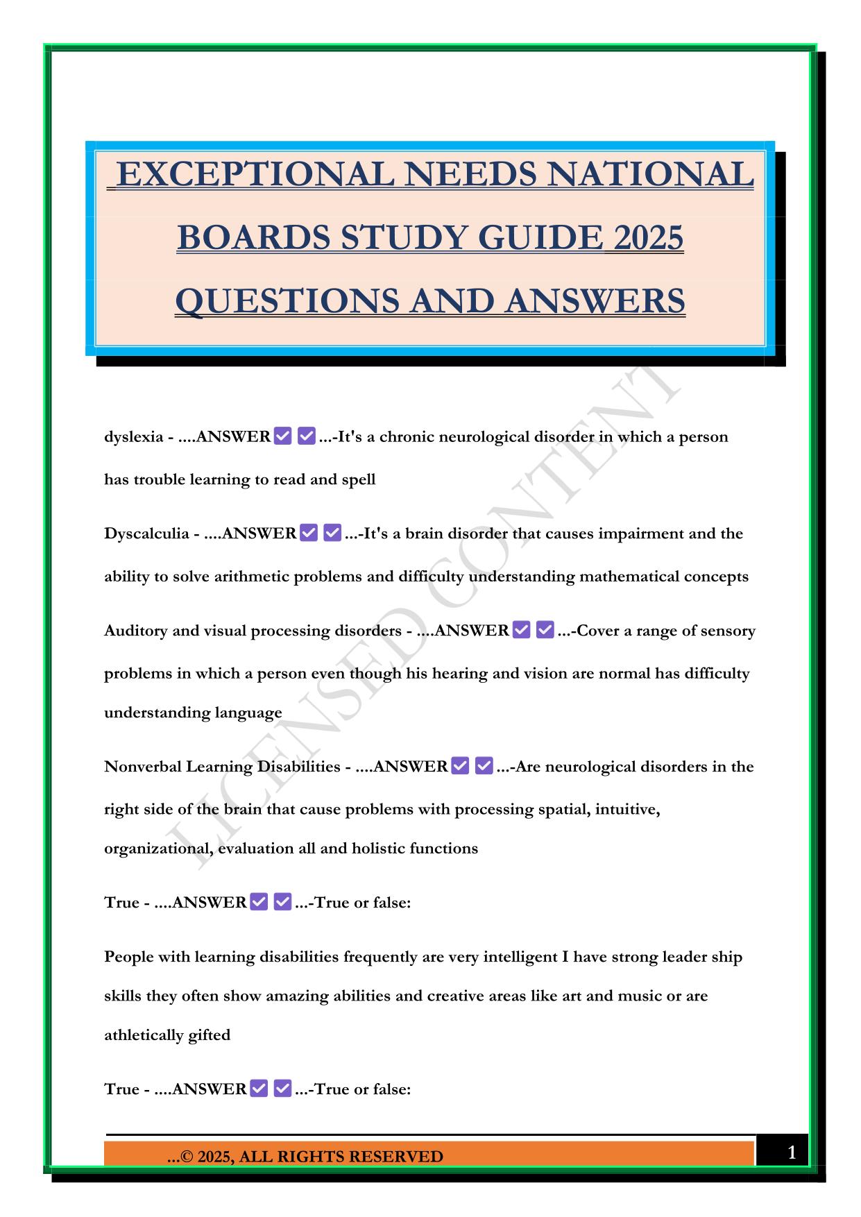 EXCEPTIONAL NEEDS NATIONAL BOARDS STUDY GUIDE 2025 QUESTIONS AND ANSWERS
