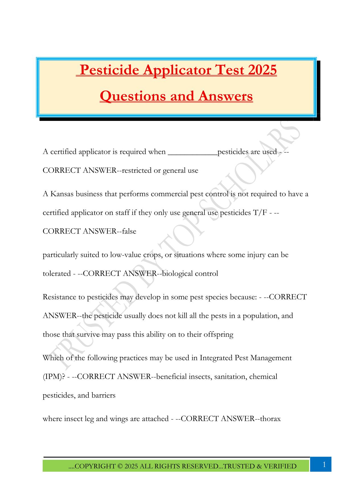 Pesticide Applicator Test 2025 Questions and Answers