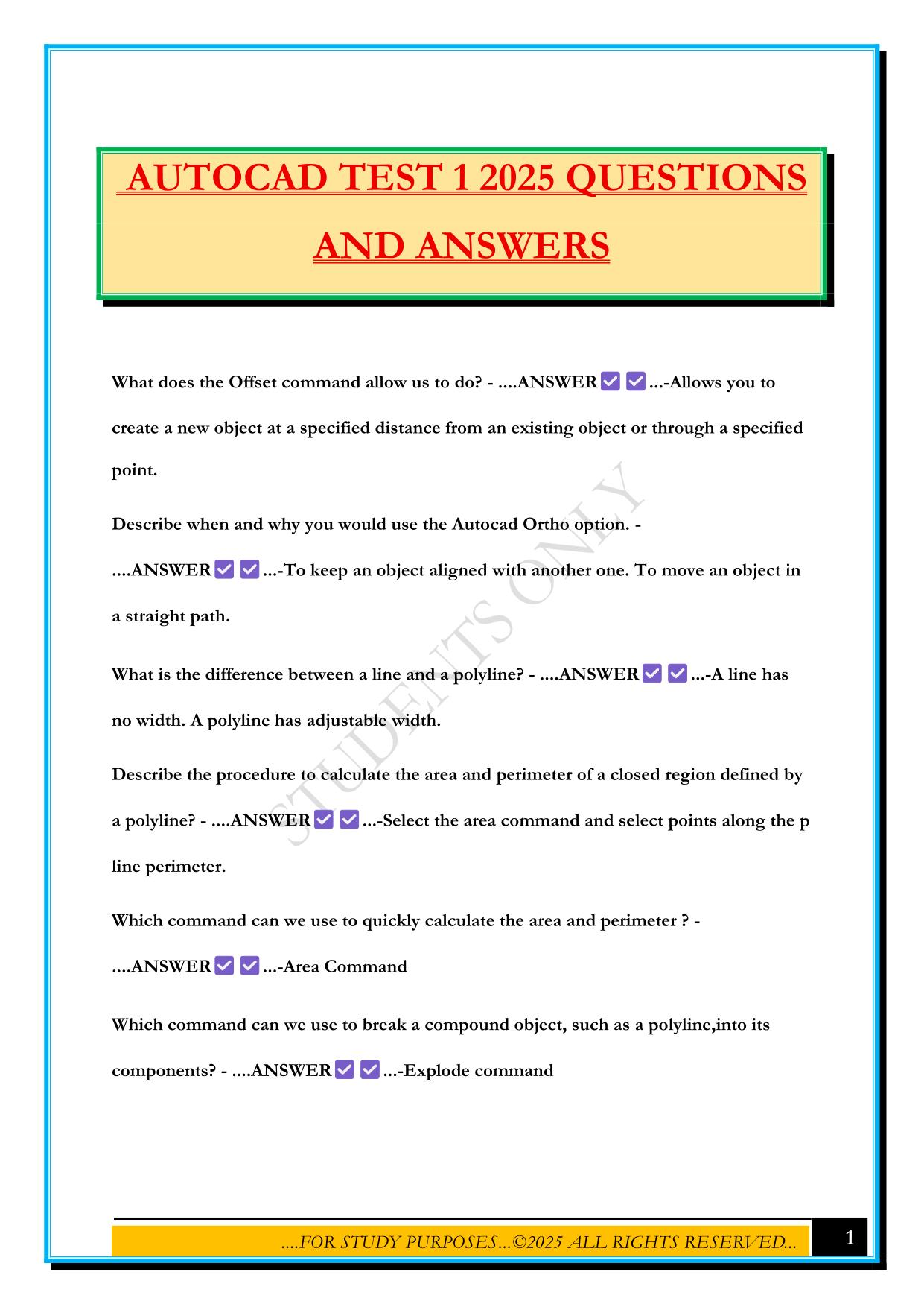 AUTOCAD TEST 1 2025 QUESTIONS AND ANSWERS