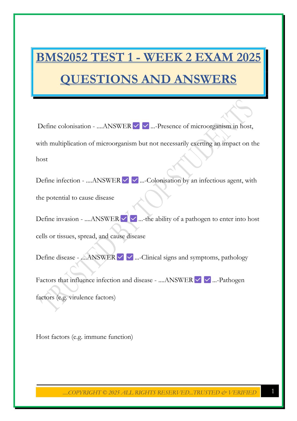 BMS2052 TEST 1 - WEEK 2 EXAM 2025 QUESTIONS AND ANSWERS