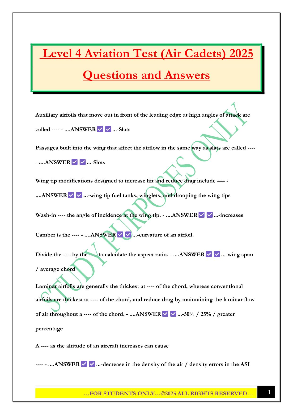 Level 4 Aviation Test (Air Cadets) 2025 Questions and Answers