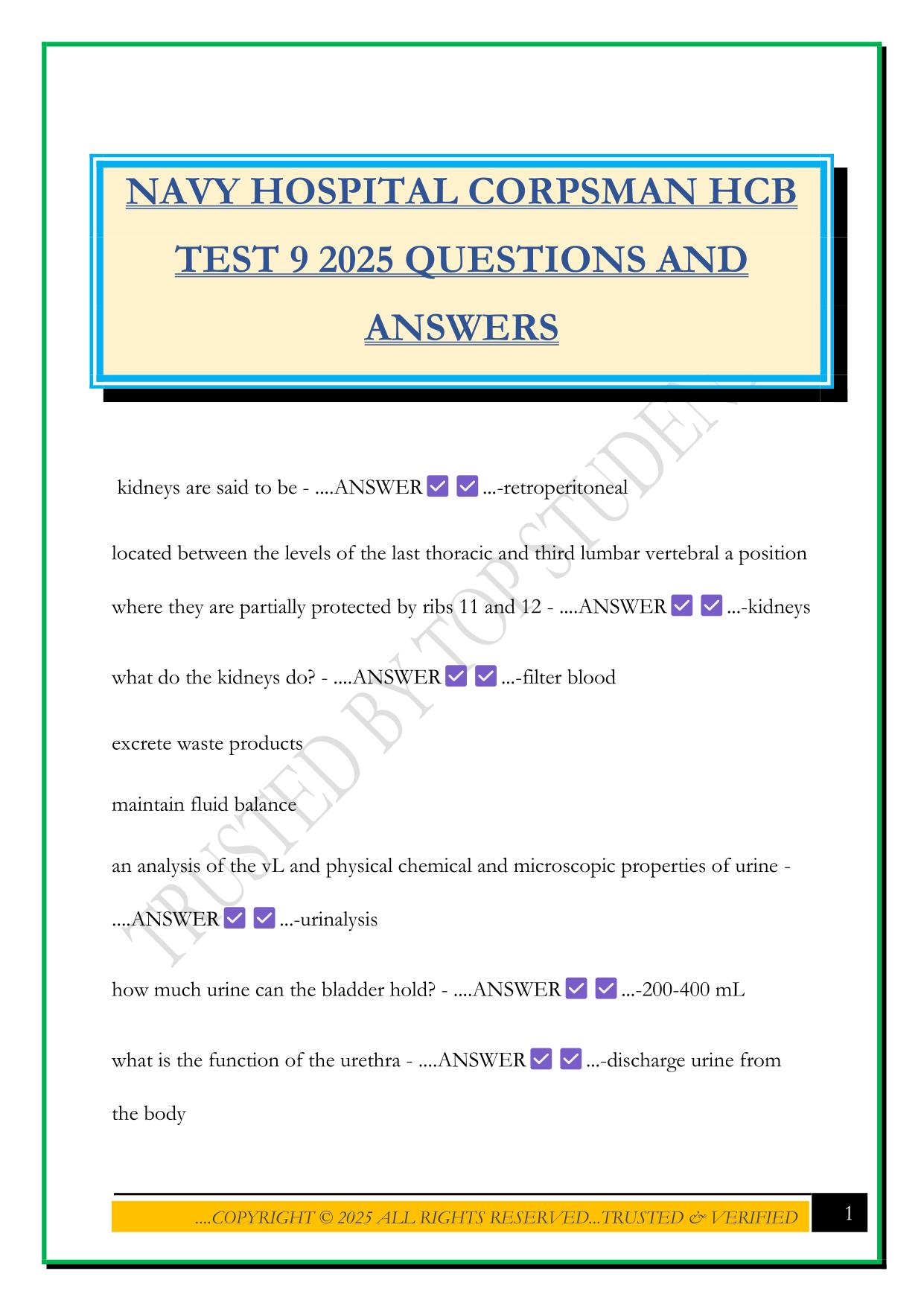 NAVY HOSPITAL CORPSMAN HCB TEST 9 2025 QUESTIONS AND ANSWERS