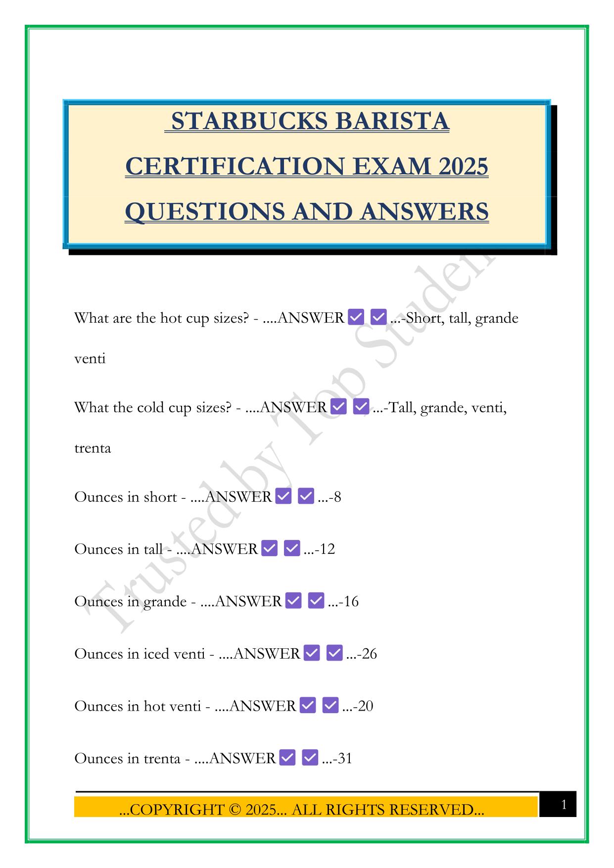 STARBUCKS BARISTA CERTIFICATION EXAM 2025 QUESTIONS AND ANSWERS