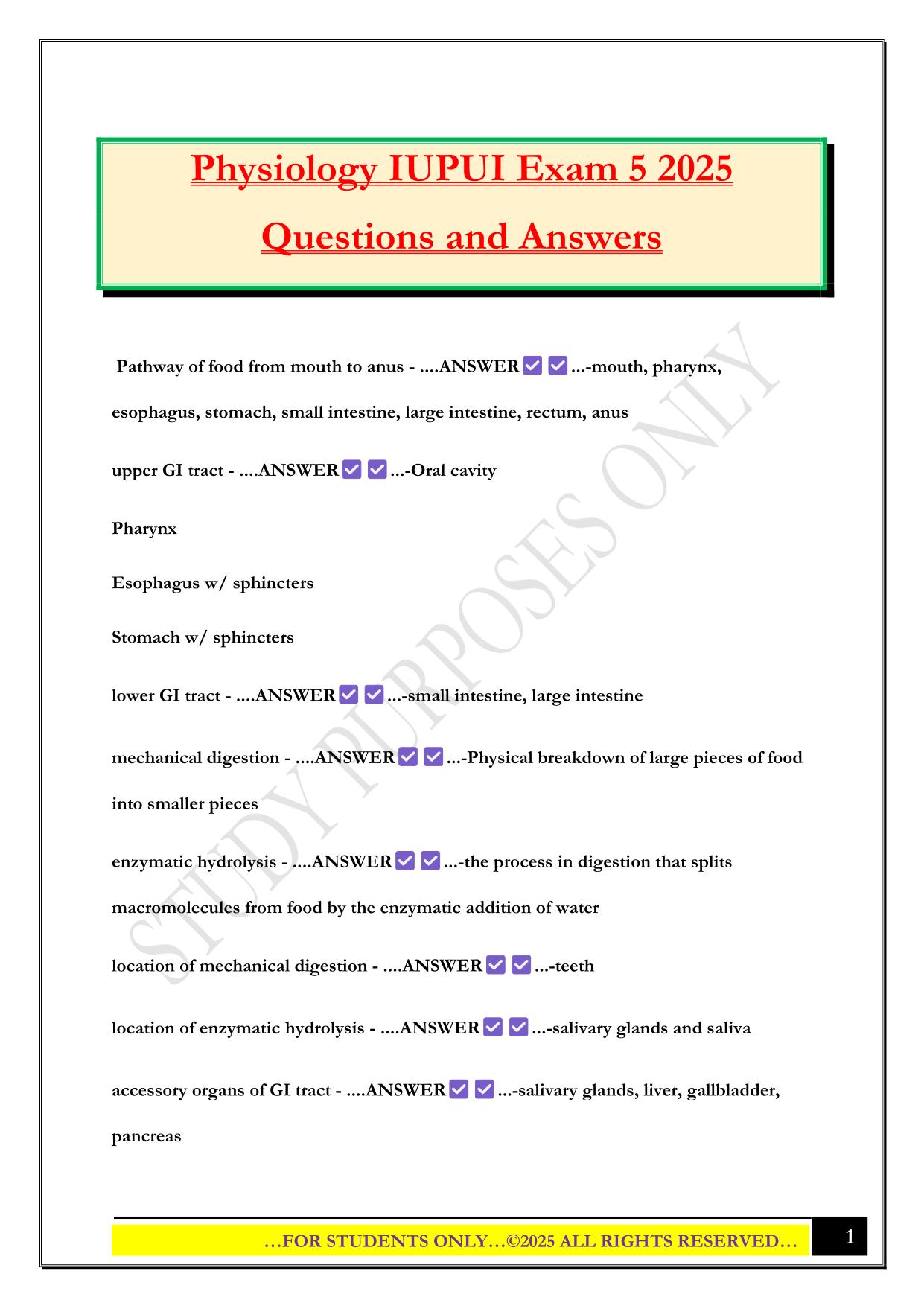 Physiology IUPUI Exam 5 2025 Questions and Answers