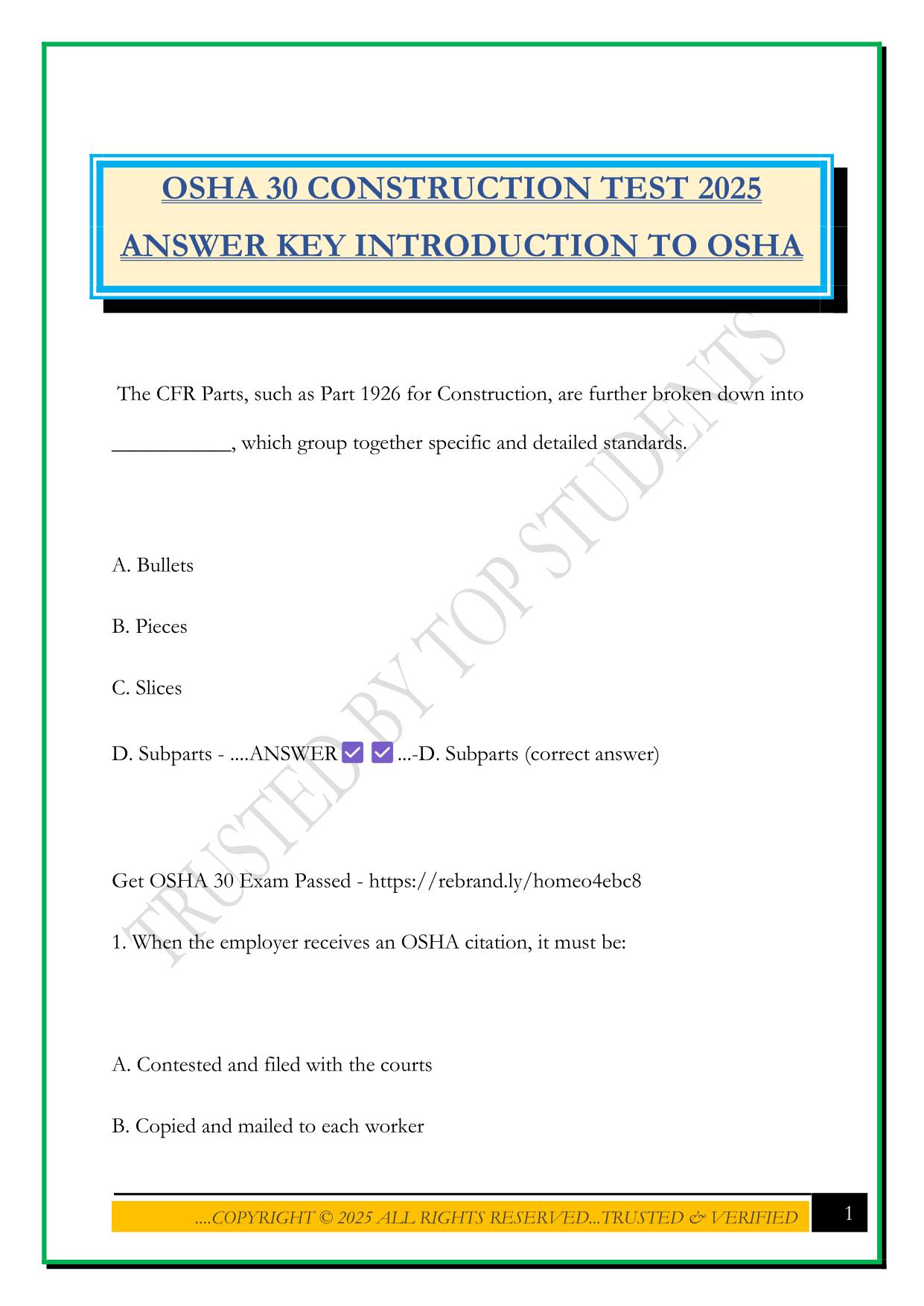 OSHA 30 CONSTRUCTION TEST 2025 ANSWER KEY INTRODUCTION TO OSHA