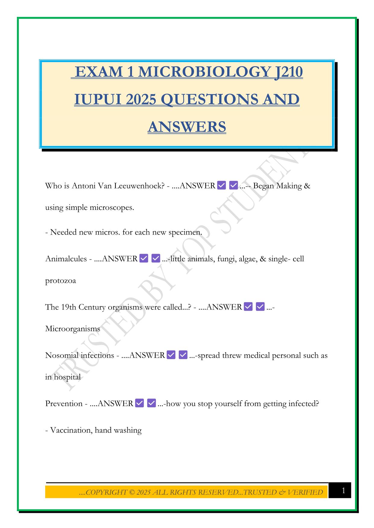 EXAM 1 MICROBIOLOGY J210 IUPUI 2025 QUESTIONS AND ANSWERS