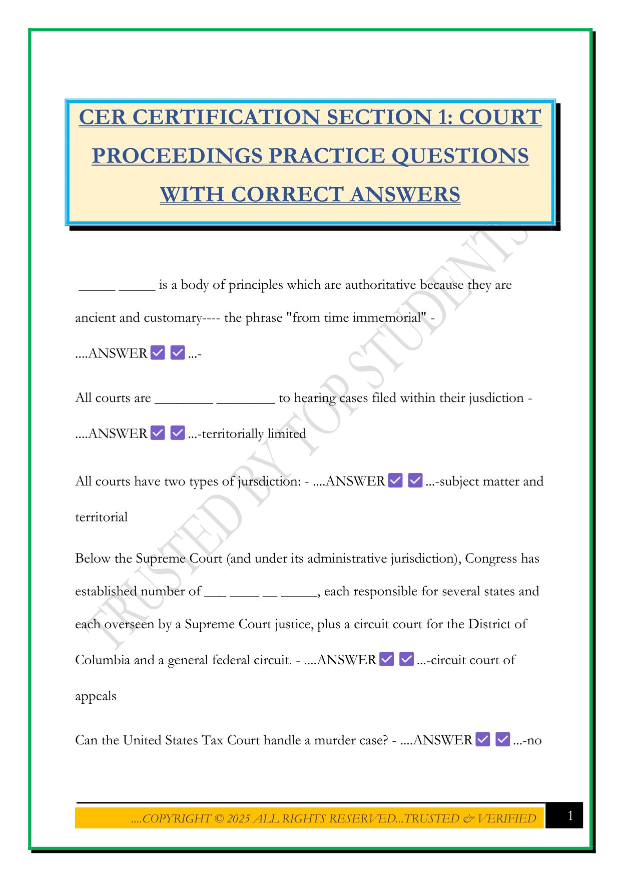 CER CERTIFICATION SECTION 1: COURT PROCEEDINGS PRACTICE QUESTIONS WITH CORRECT ANSWERS