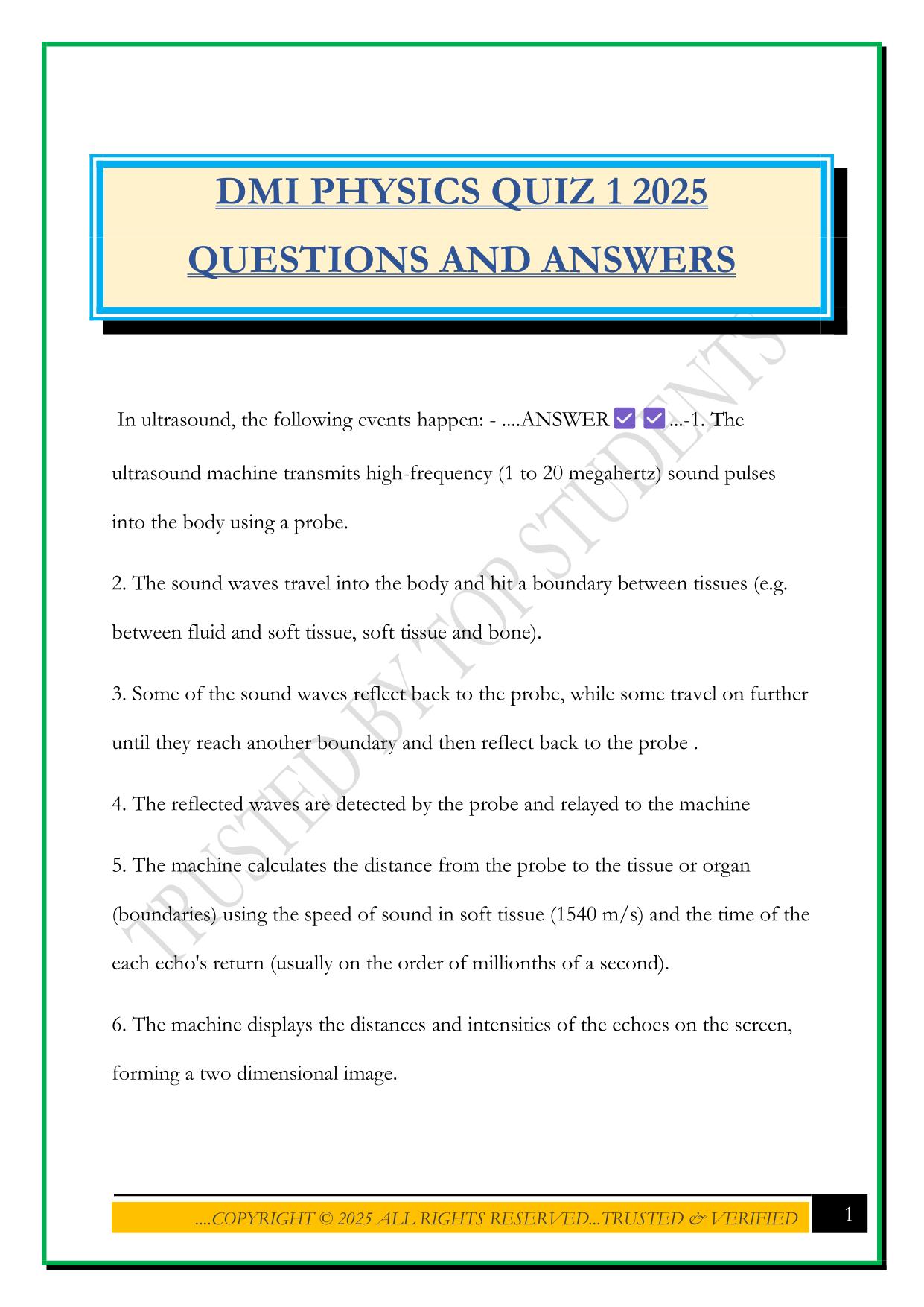 DMI PHYSICS QUIZ 1 2025 QUESTIONS AND ANSWERS