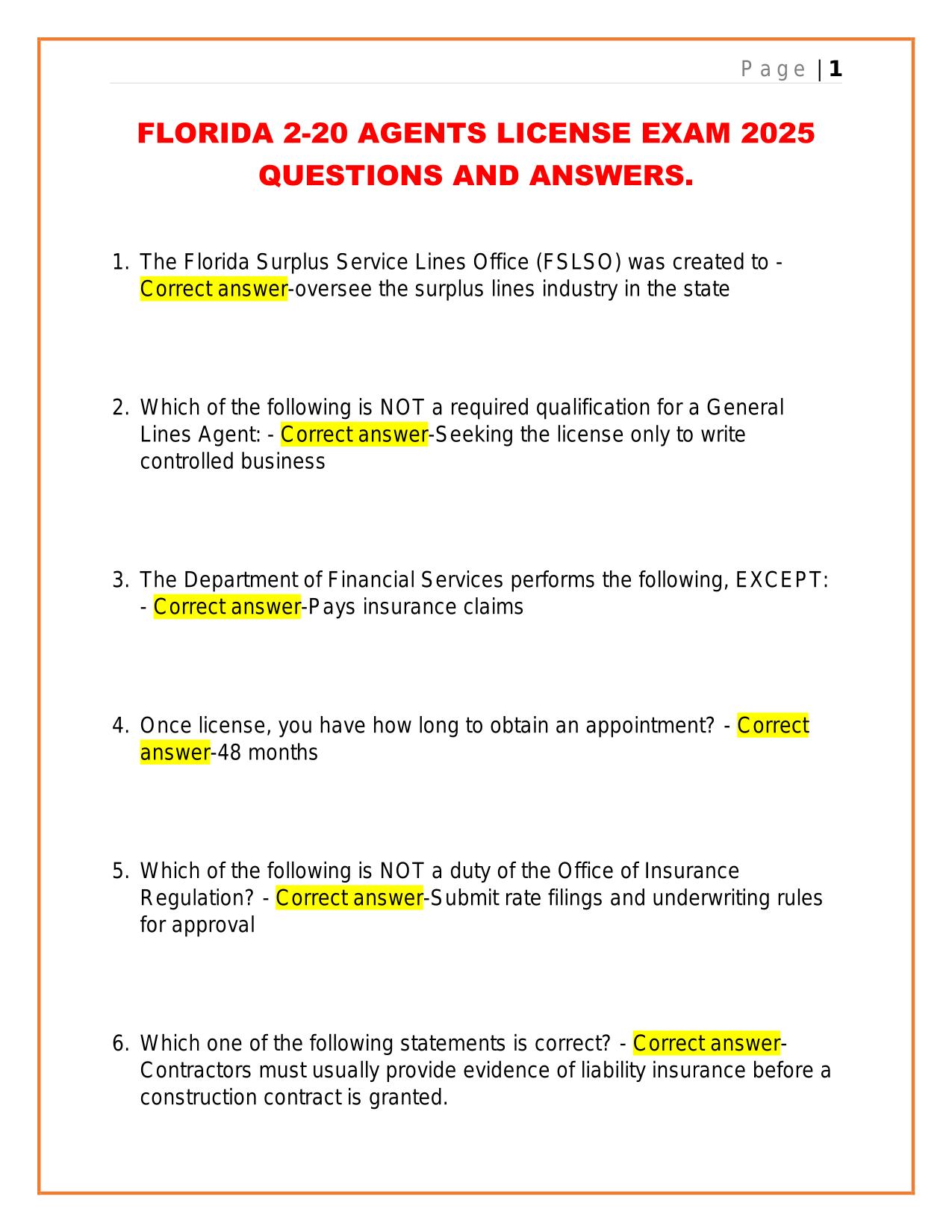 FLORIDA 2-20 AGENTS LICENSE EXAM 2025 QUESTIONS AND ANSWERS.