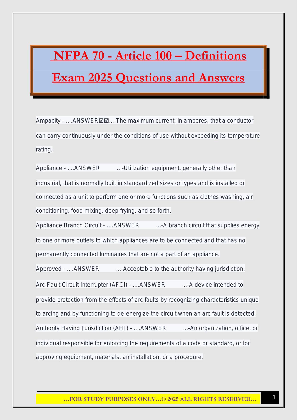 NFPA 70 - Article 100 – Definitions Exam 2025 Questions and Answers