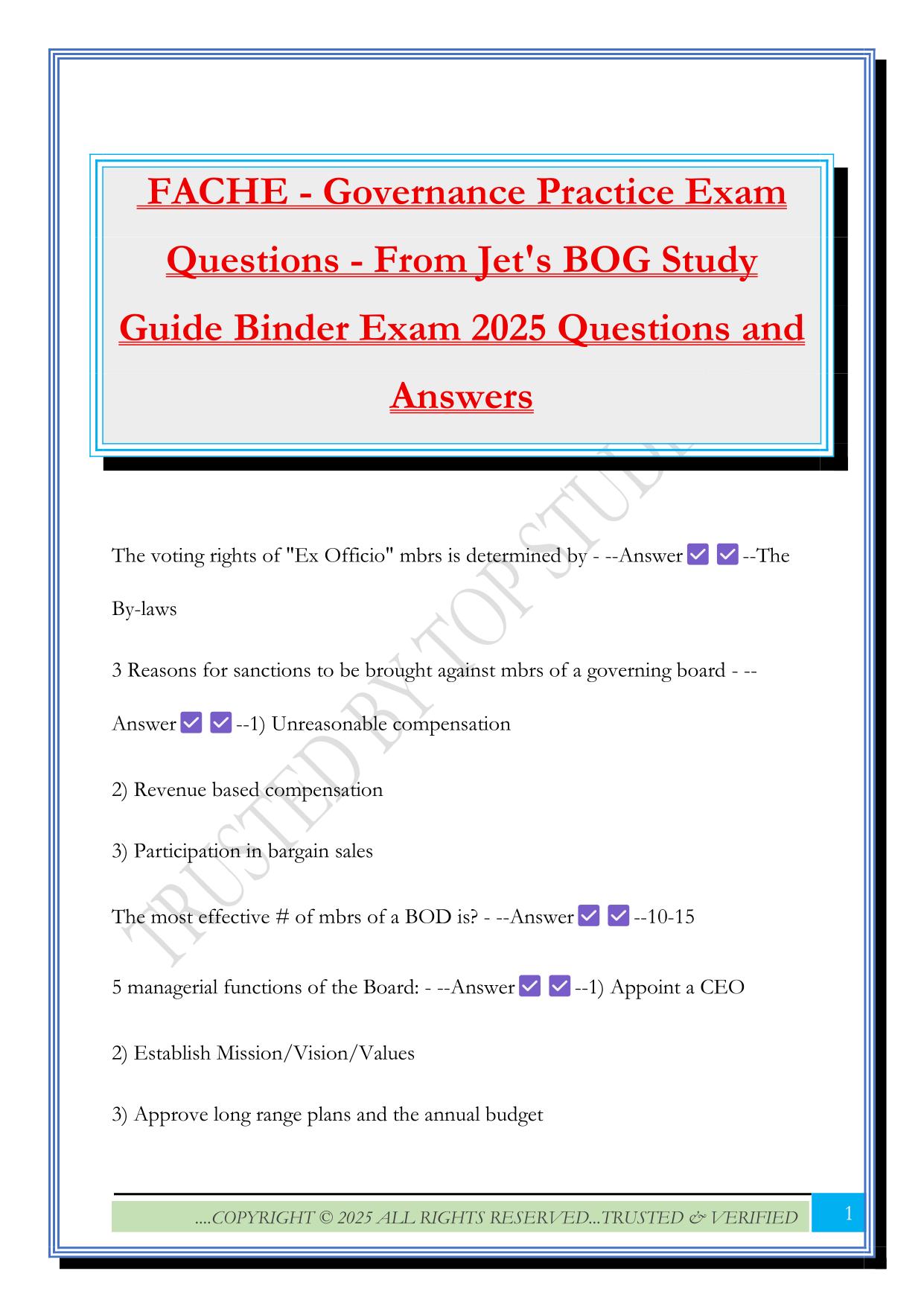 FACHE - Governance Practice Exam Questions - From Jet's BOG Study Guide Binder Exam 2025 Questions and Answers