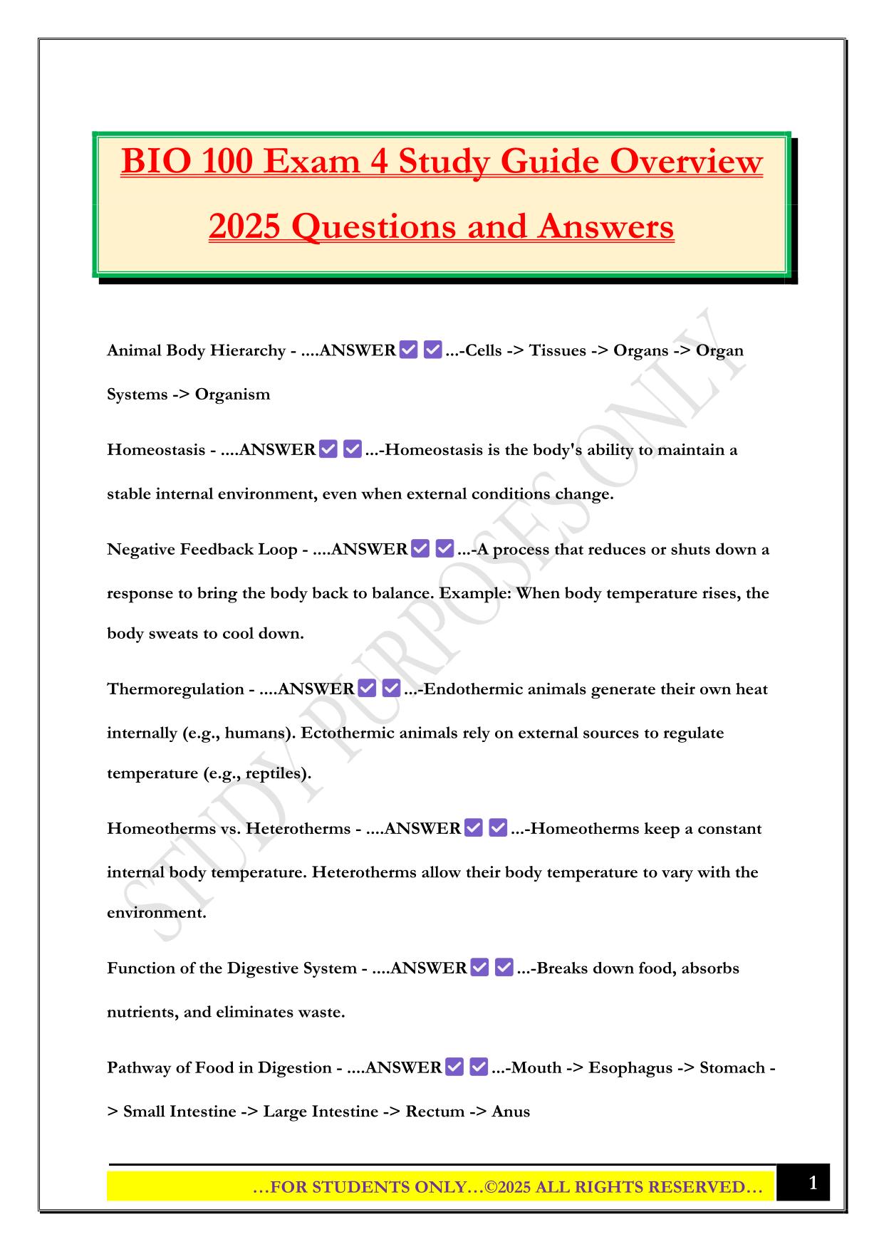 BIO 100 Exam 4 Study Guide Overview 2025 Questions and Answers
