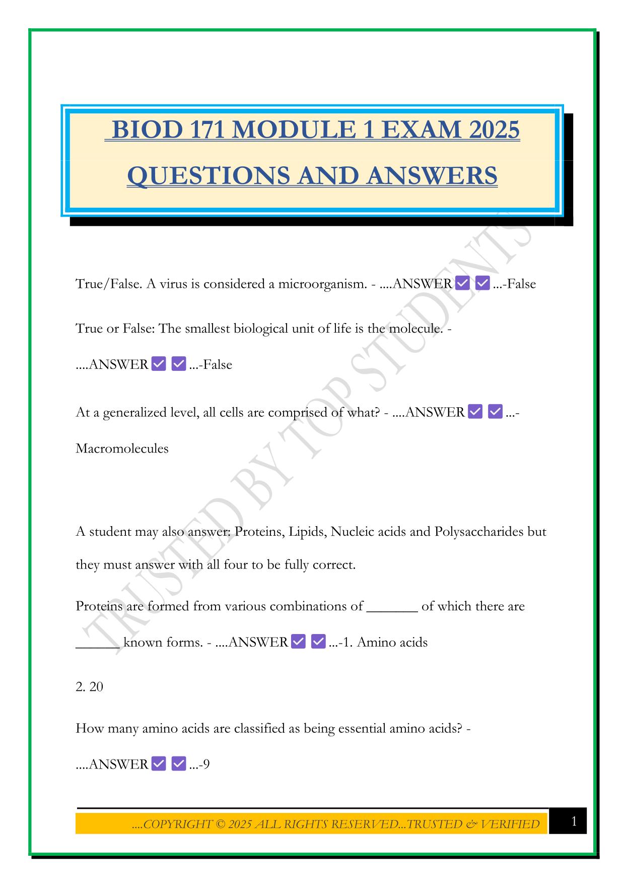BIOD 171 MODULE 1 EXAM 2025 QUESTIONS AND ANSWERS