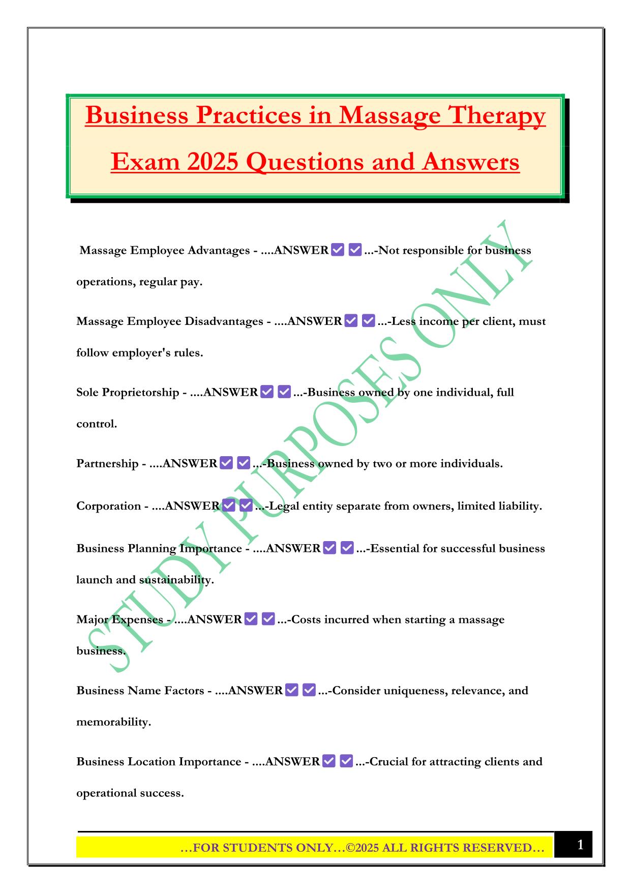 Business Practices in Massage Therapy Exam 2025 Questions and Answers
