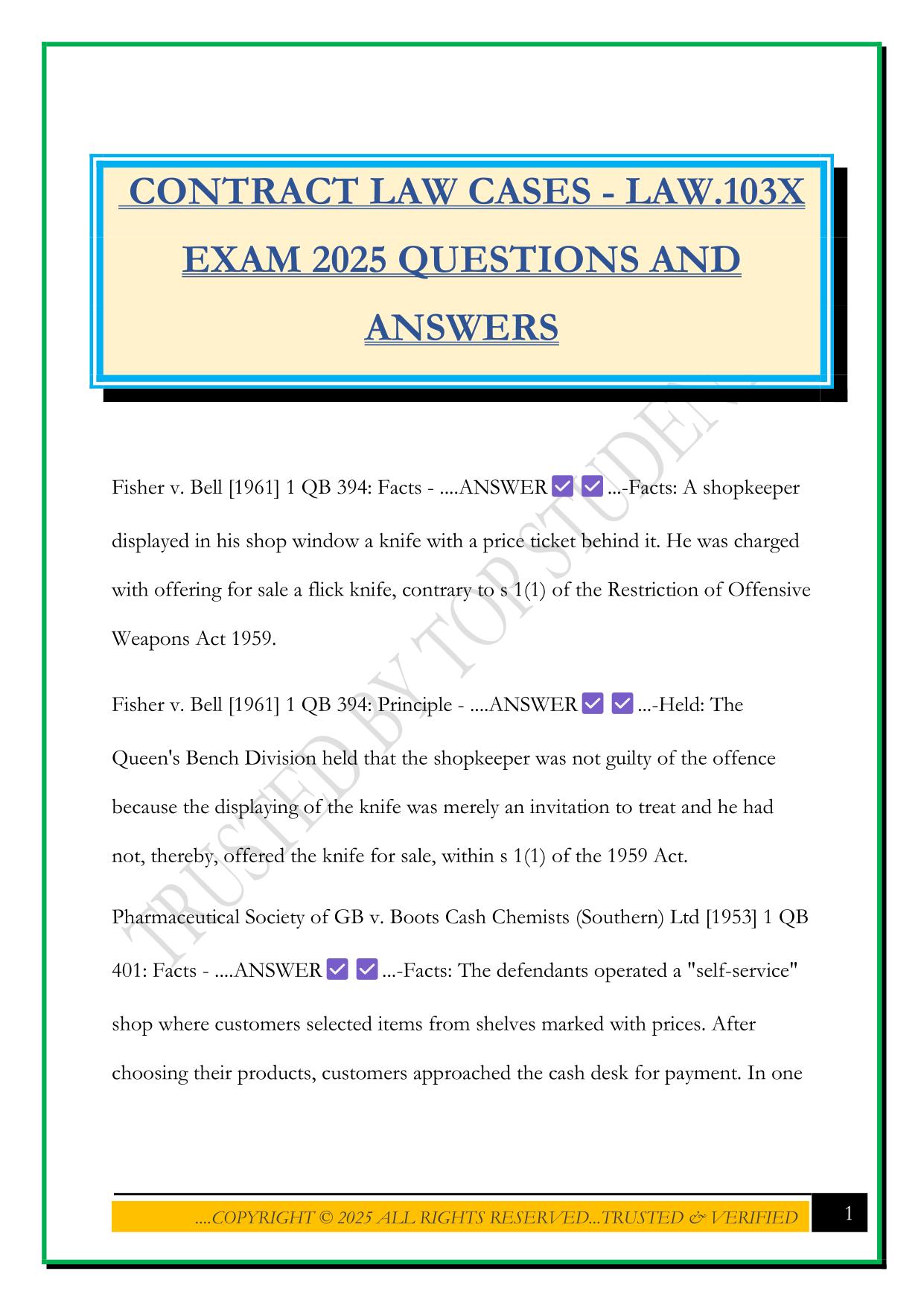 CONTRACT LAW CASES - LAW.103X EXAM 2025 QUESTIONS AND ANSWERS