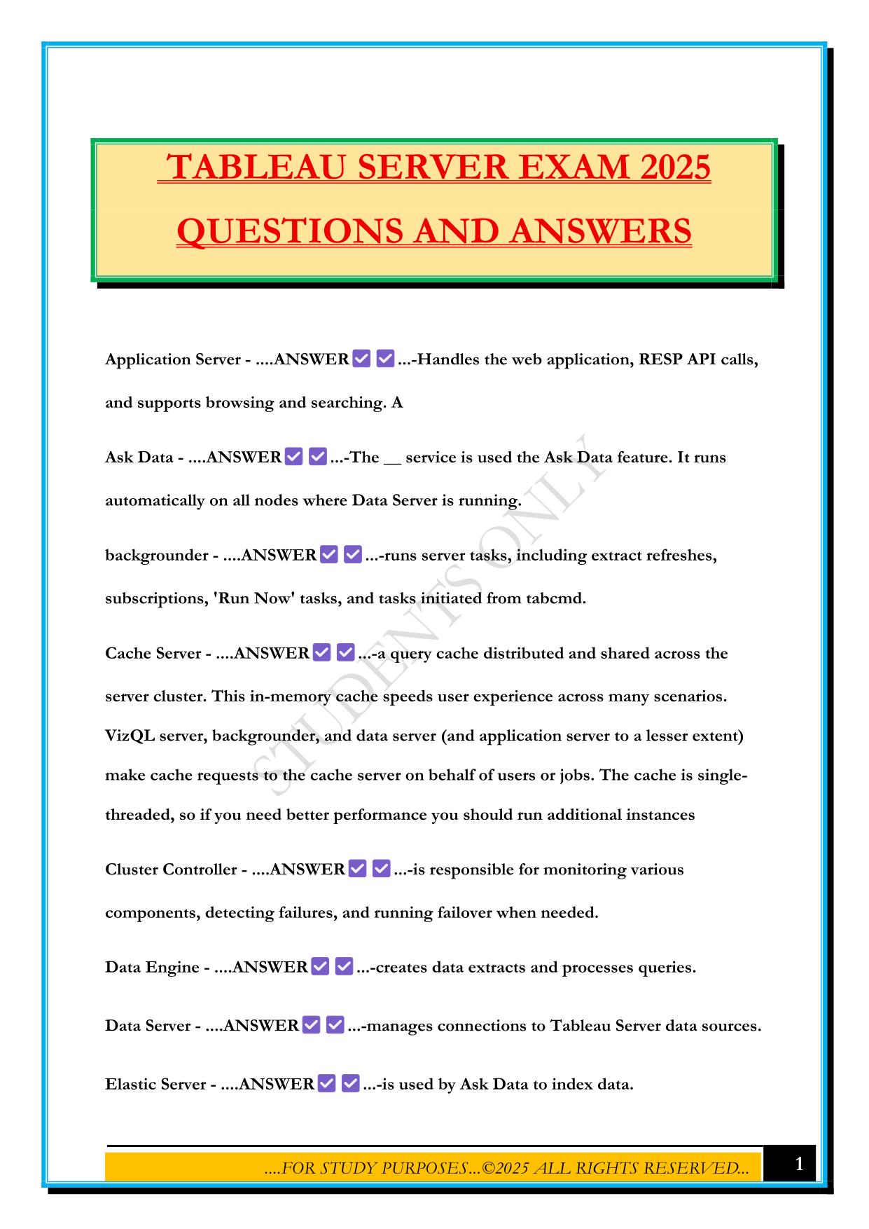 TABLEAU SERVER EXAM 2025 QUESTIONS AND ANSWERS