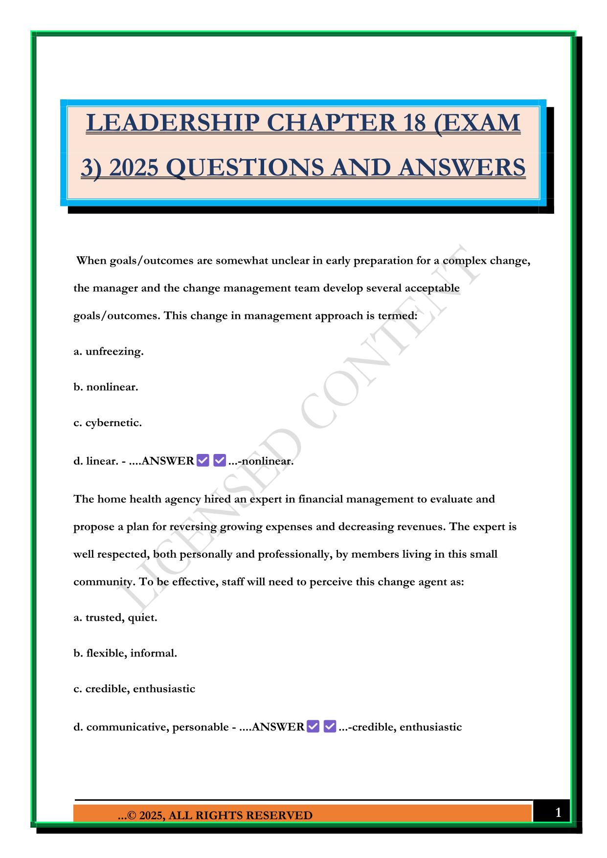 LEADERSHIP CHAPTER 18 (EXAM 3) 2025 QUESTIONS AND ANSWERS