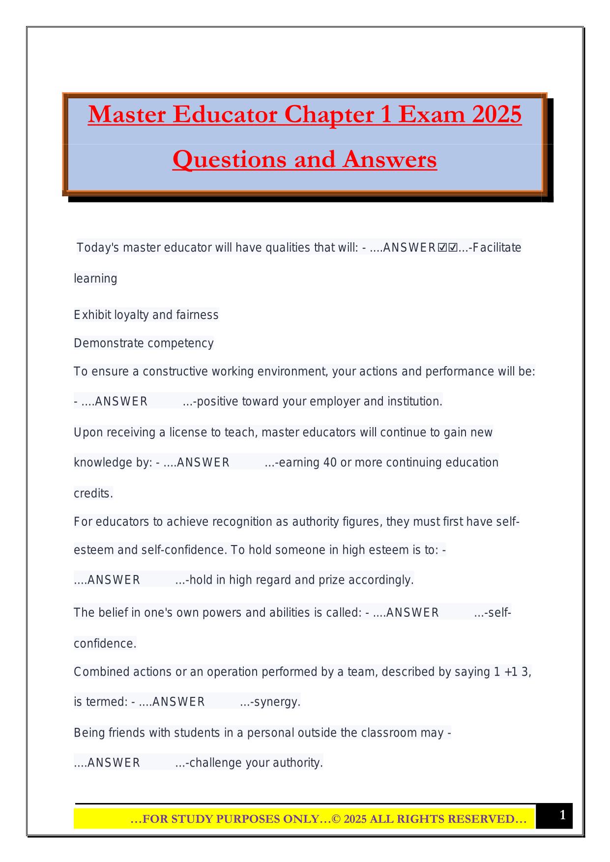 Master Educator Chapter 1 Exam 2025 Questions and Answers