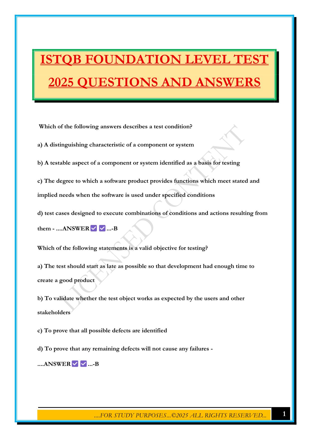 ISTQB FOUNDATION LEVEL TEST 2025 QUESTIONS AND ANSWERS