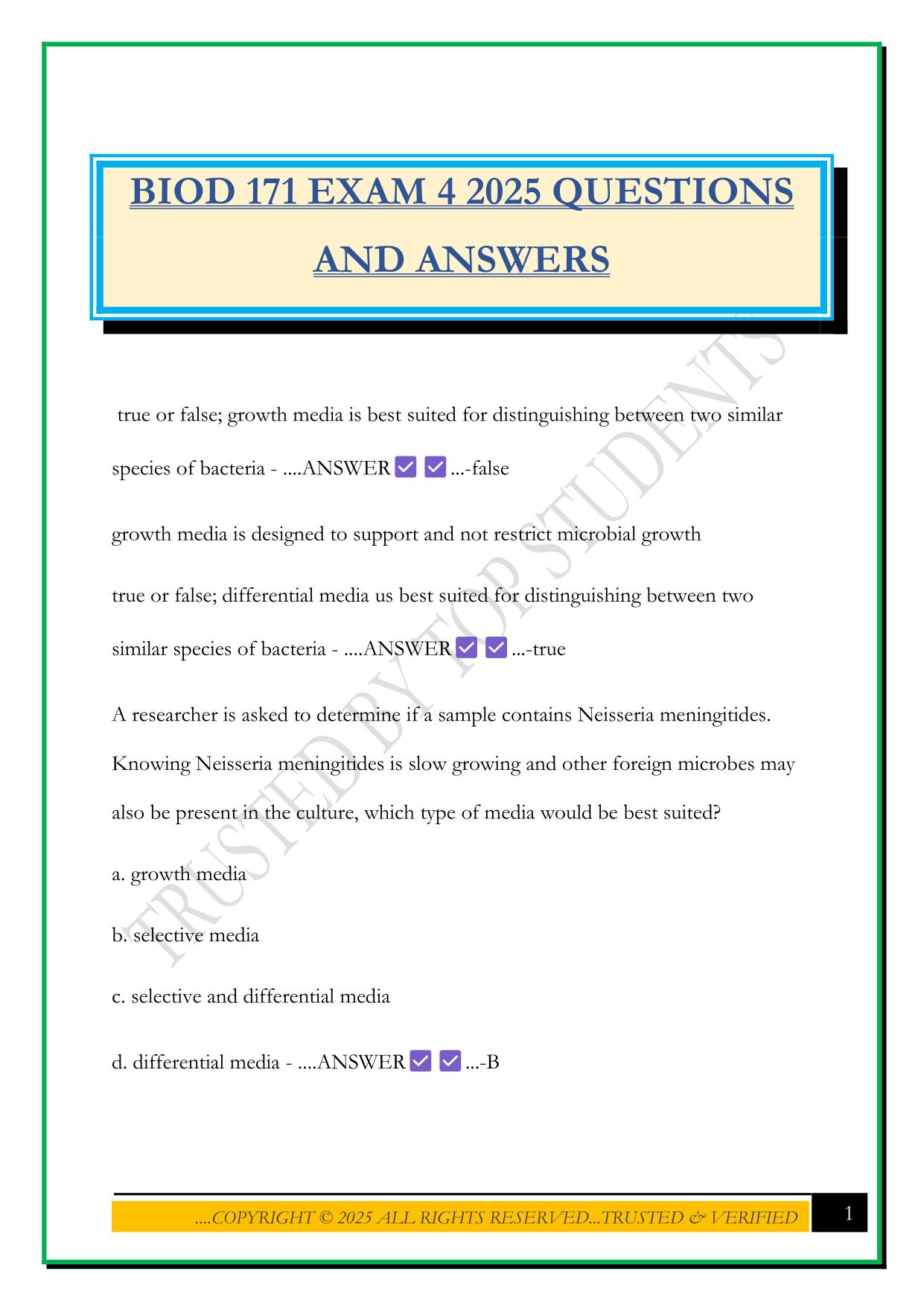 BIOD 171 EXAM 4 2025 QUESTIONS AND ANSWERS