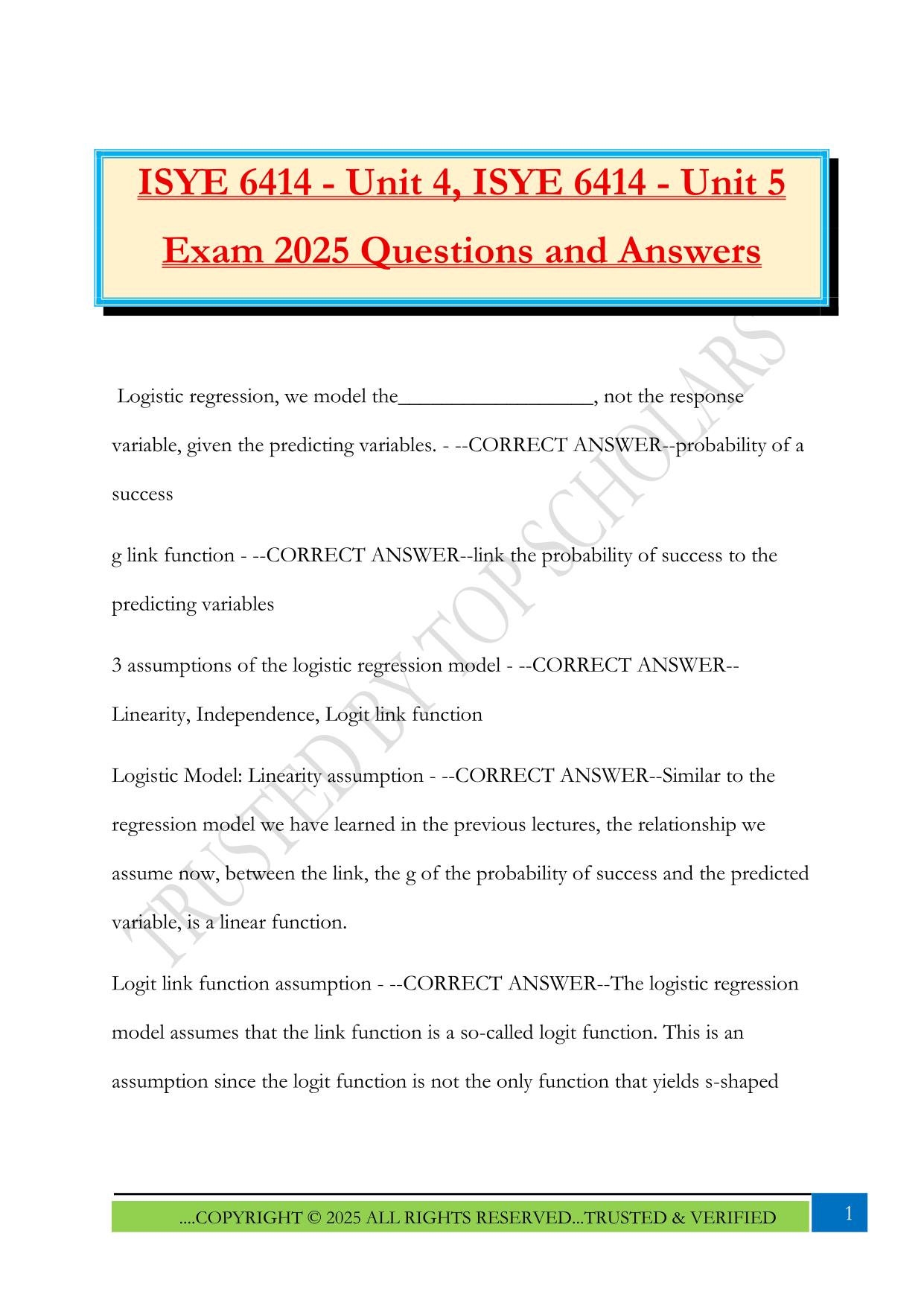 ISYE 6414 - Unit 4, ISYE 6414 - Unit 5 Exam 2025 Questions and Answers