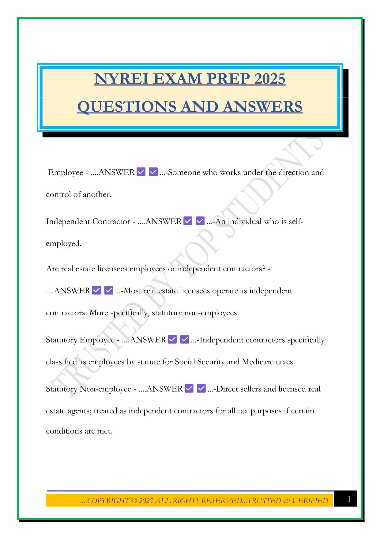 NYREI EXAM PREP 2025 QUESTIONS AND ANSWERS