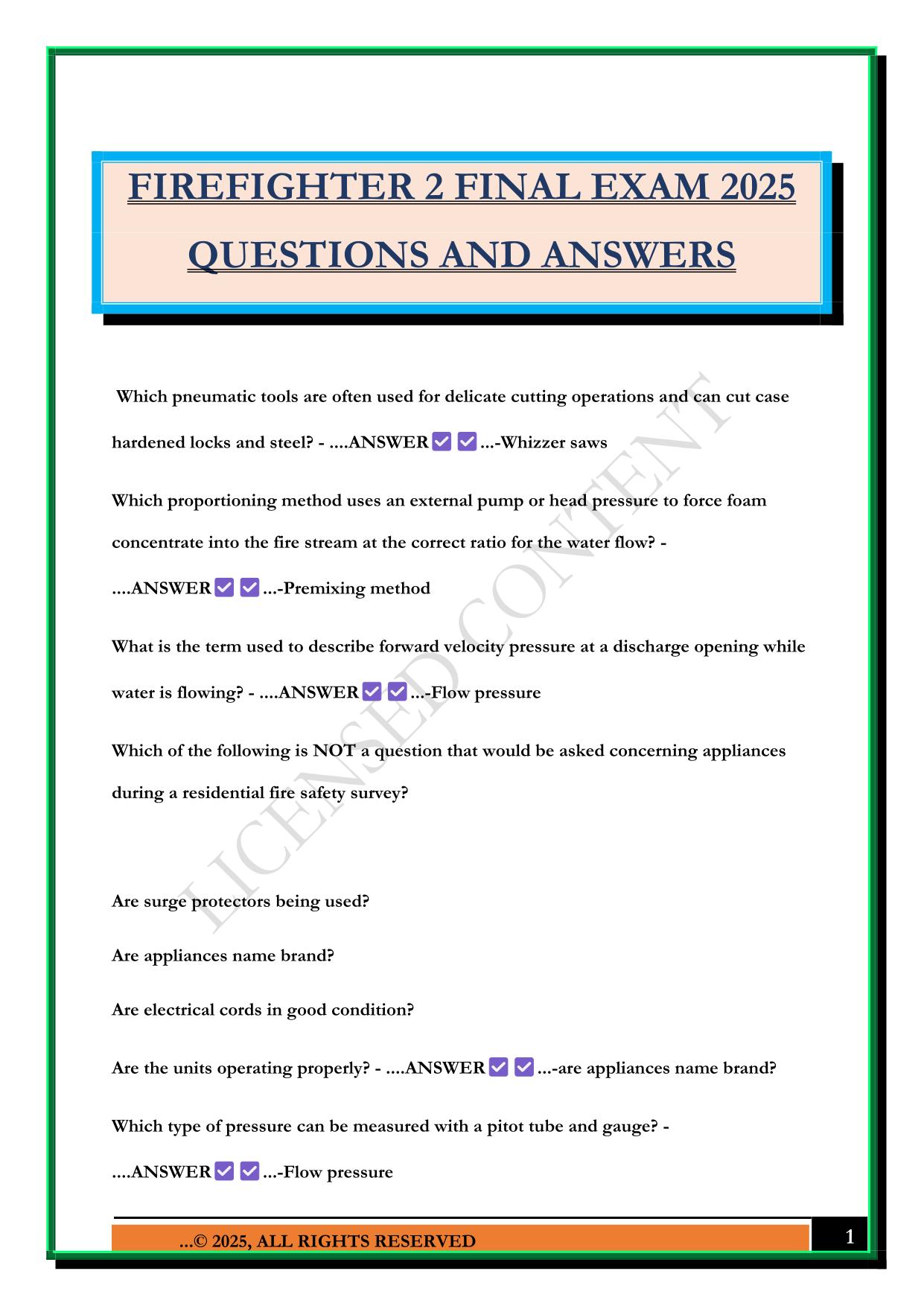 FIREFIGHTER 2 FINAL EXAM 2025 QUESTIONS AND ANSWERS