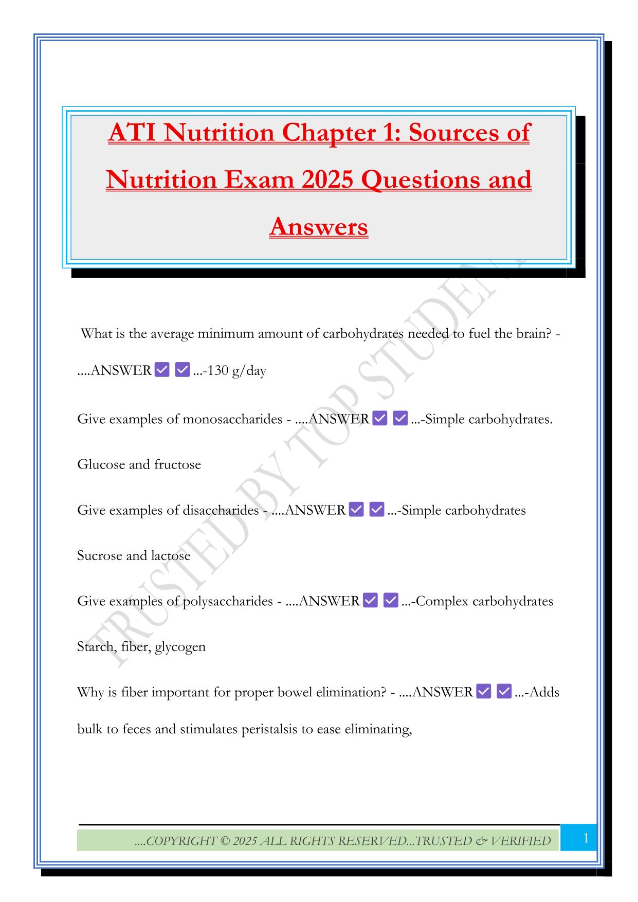 ATI Nutrition Chapter 1: Sources of Nutrition Exam 2025 Questions and Answers