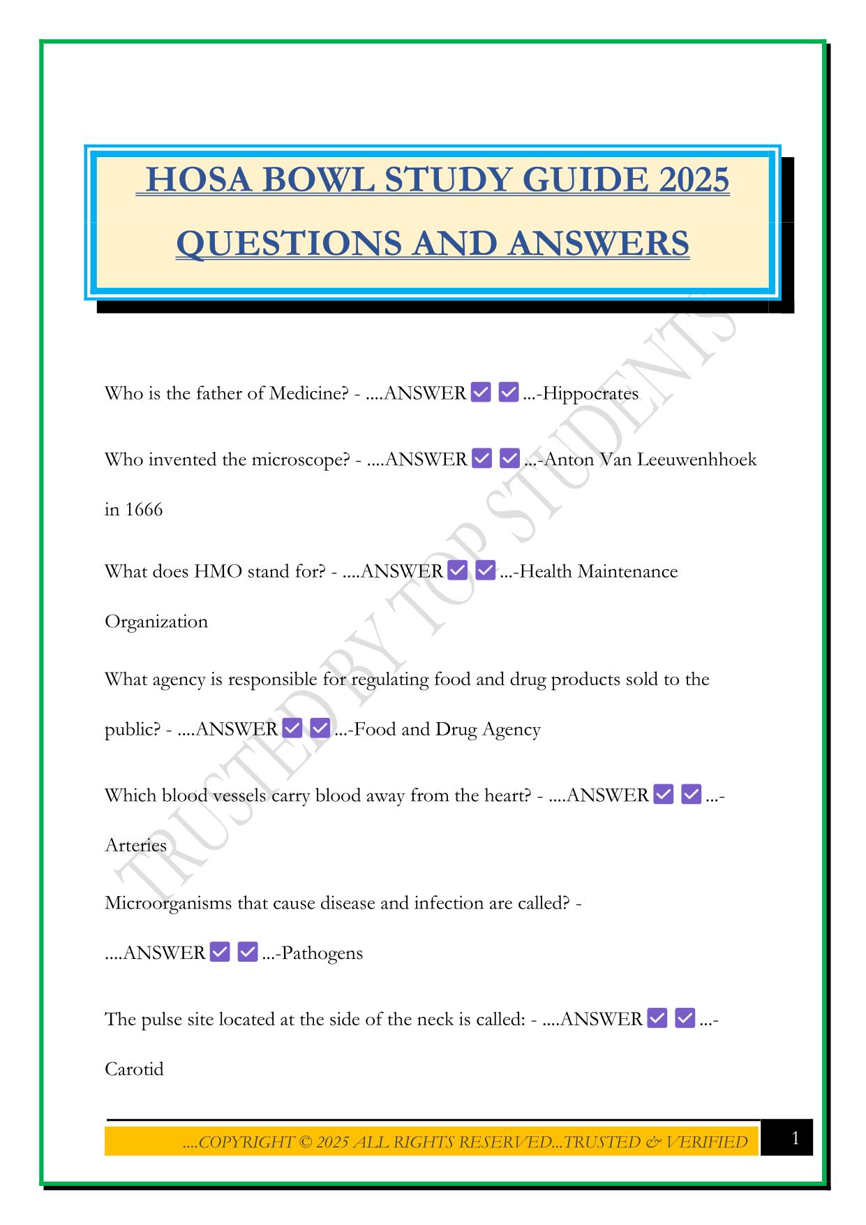 HOSA BOWL STUDY GUIDE 2025 QUESTIONS AND ANSWERS
