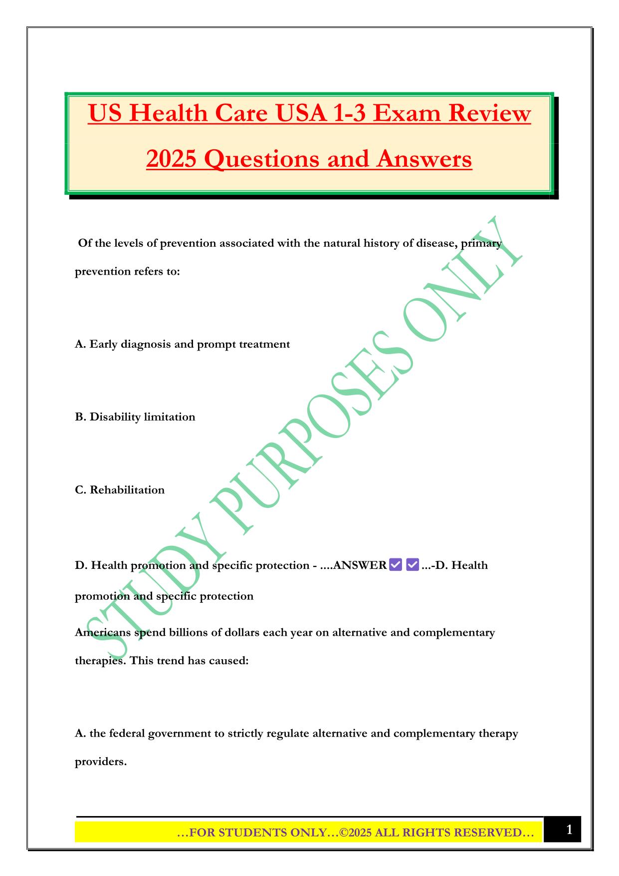 US Health Care USA 1-3 Exam Review 2025 Questions and Answers