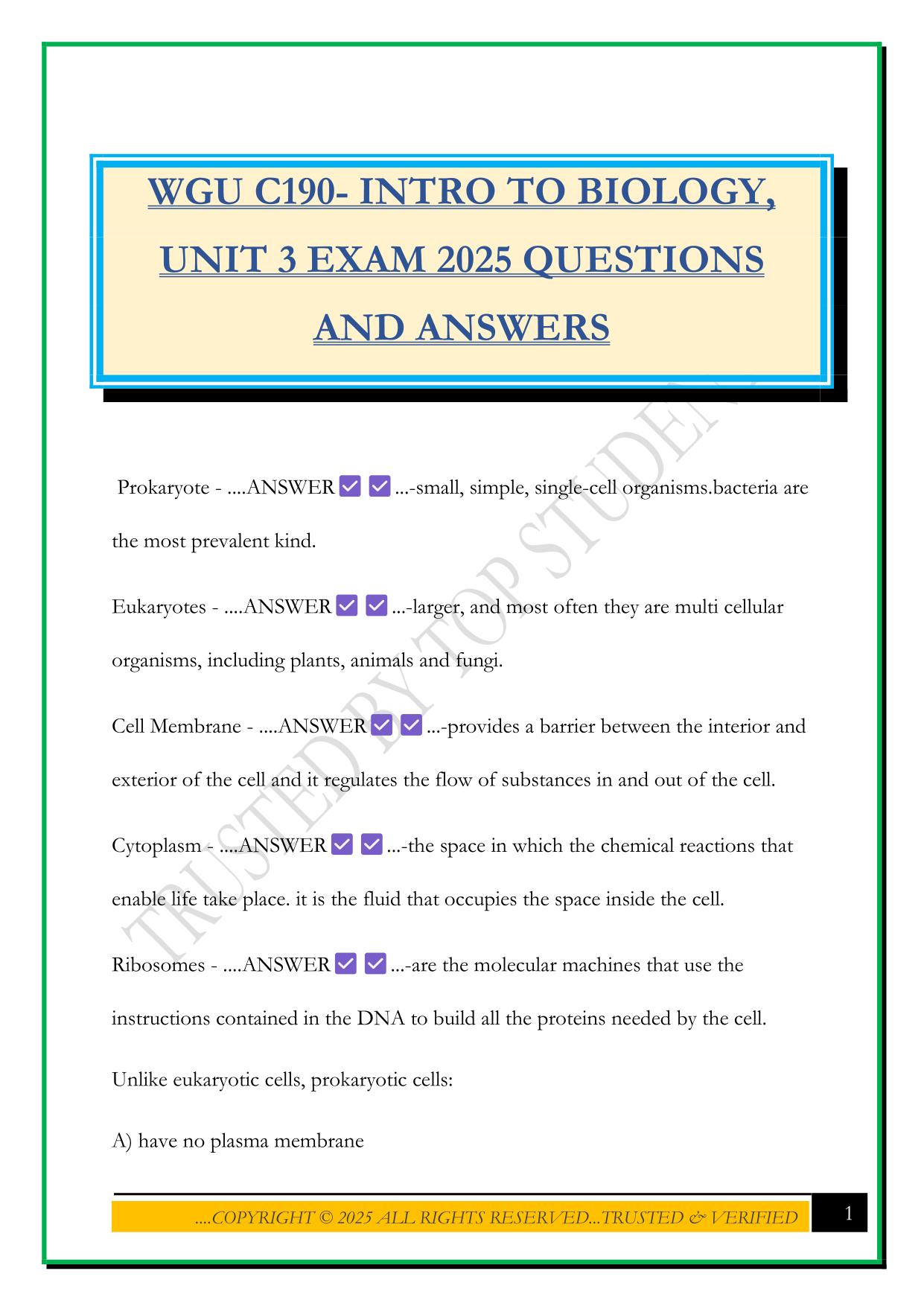 WGU C190- INTRO TO BIOLOGY, UNIT 3 EXAM 2025 QUESTIONS AND ANSWERS