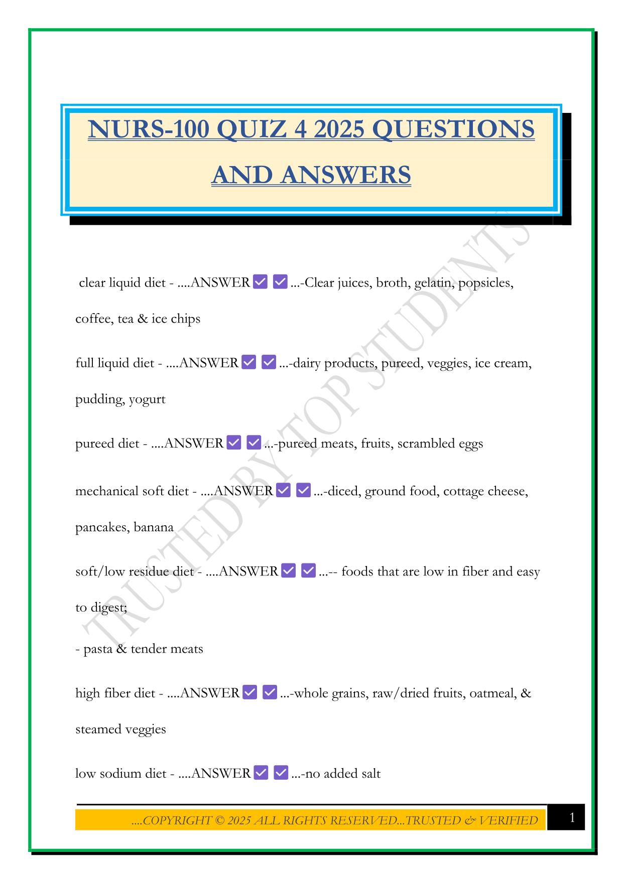NURS-100 QUIZ 4 2025 QUESTIONS AND ANSWERS