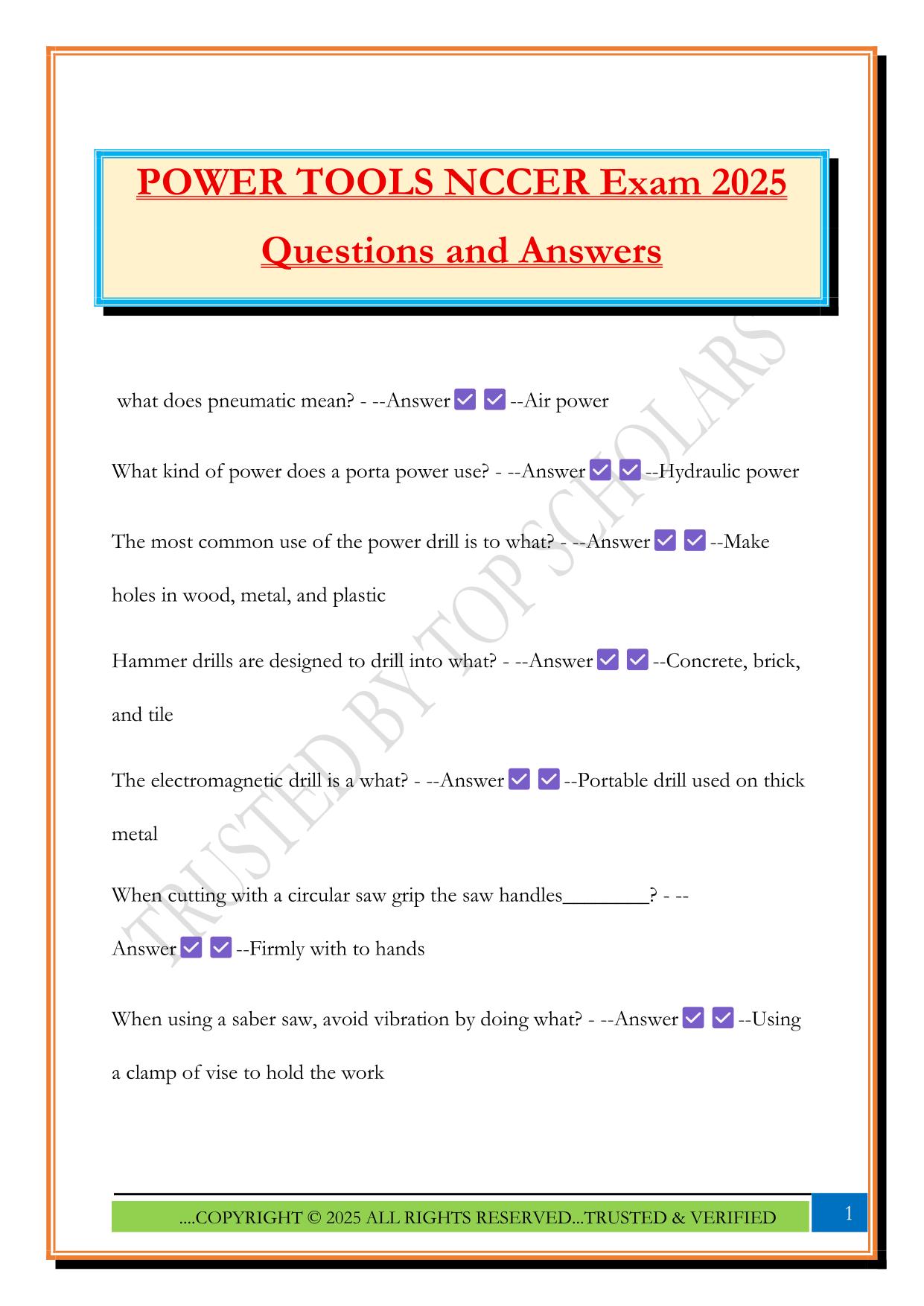 POWER TOOLS NCCER Exam 2025 Questions and Answers