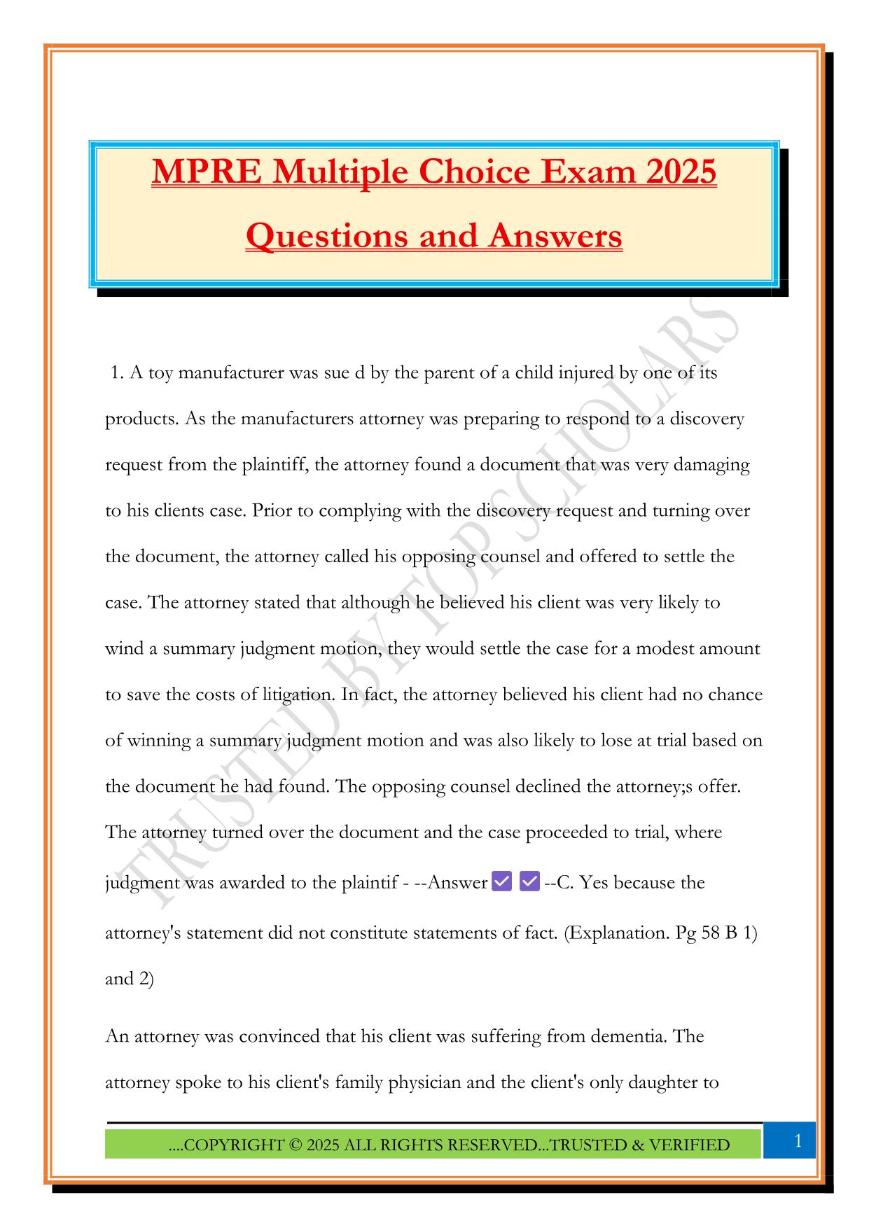 MPRE Multiple Choice Exam 2025 Questions and Answers
