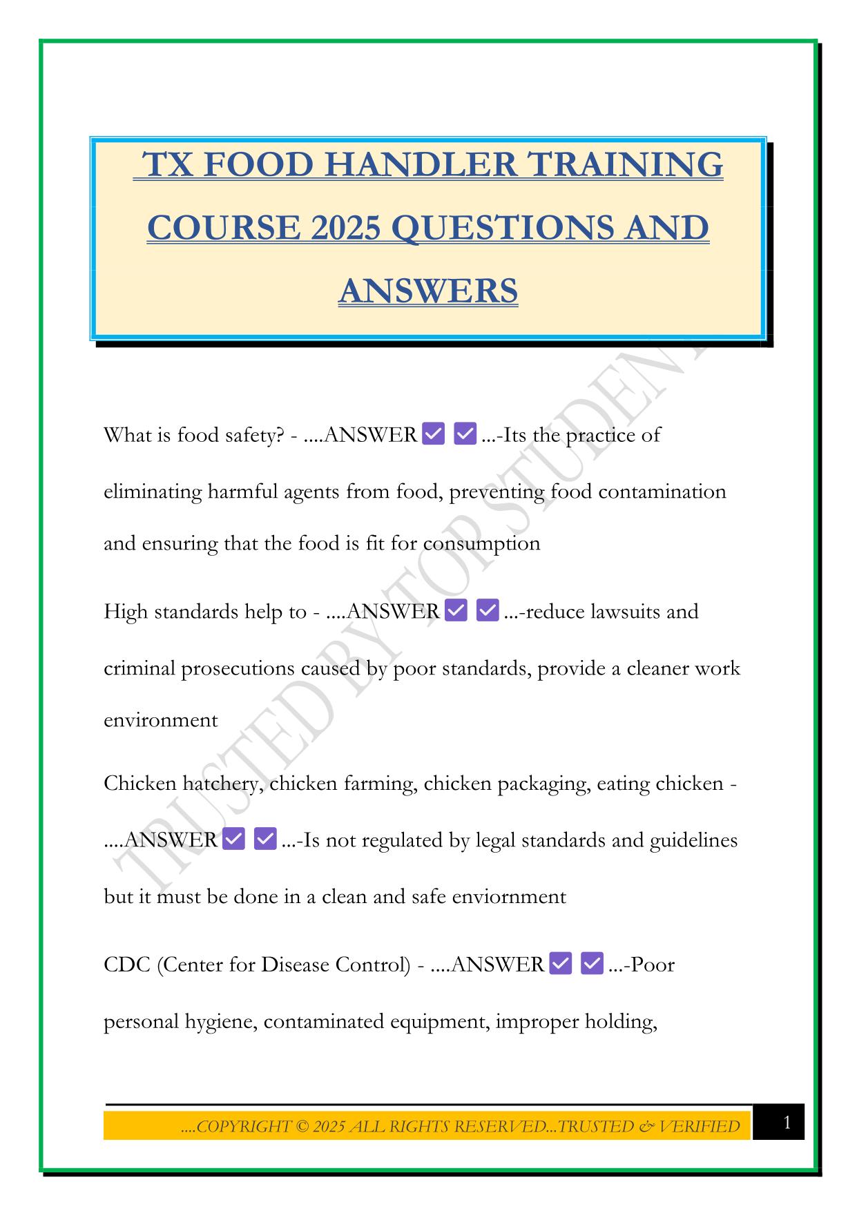 TX FOOD HANDLER TRAINING COURSE 2025 QUESTIONS AND ANSWERS