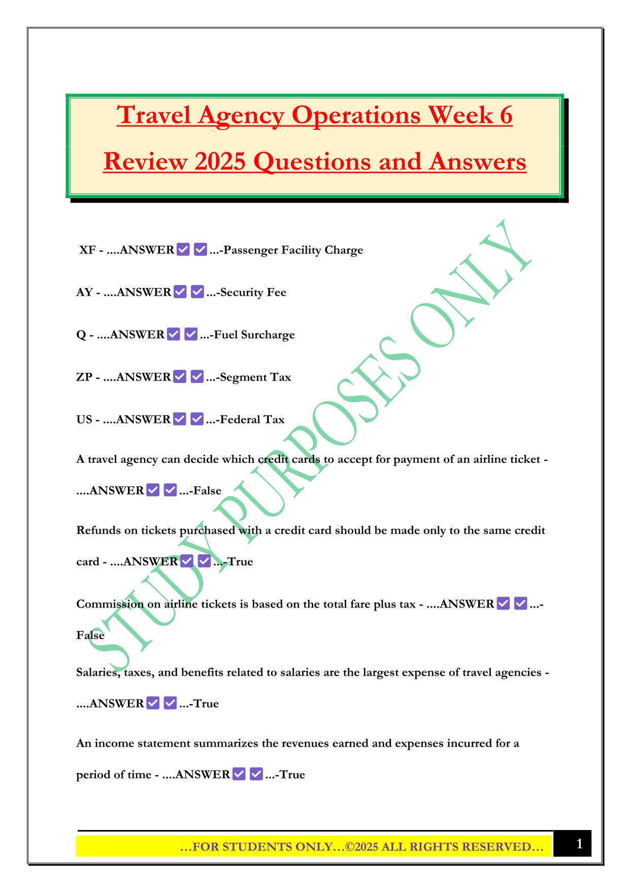 Travel Agency Operations Week 6 Review 2025 Questions and Answers