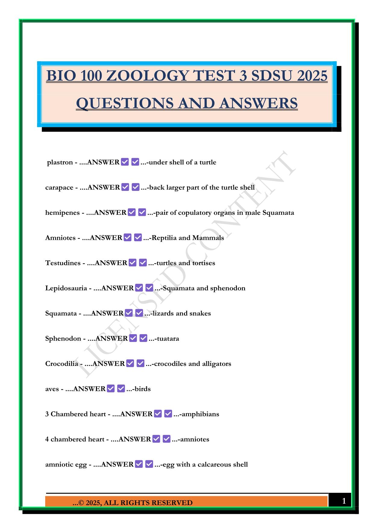 BIO 100 ZOOLOGY TEST 3 SDSU 2025 QUESTIONS AND ANSWERS