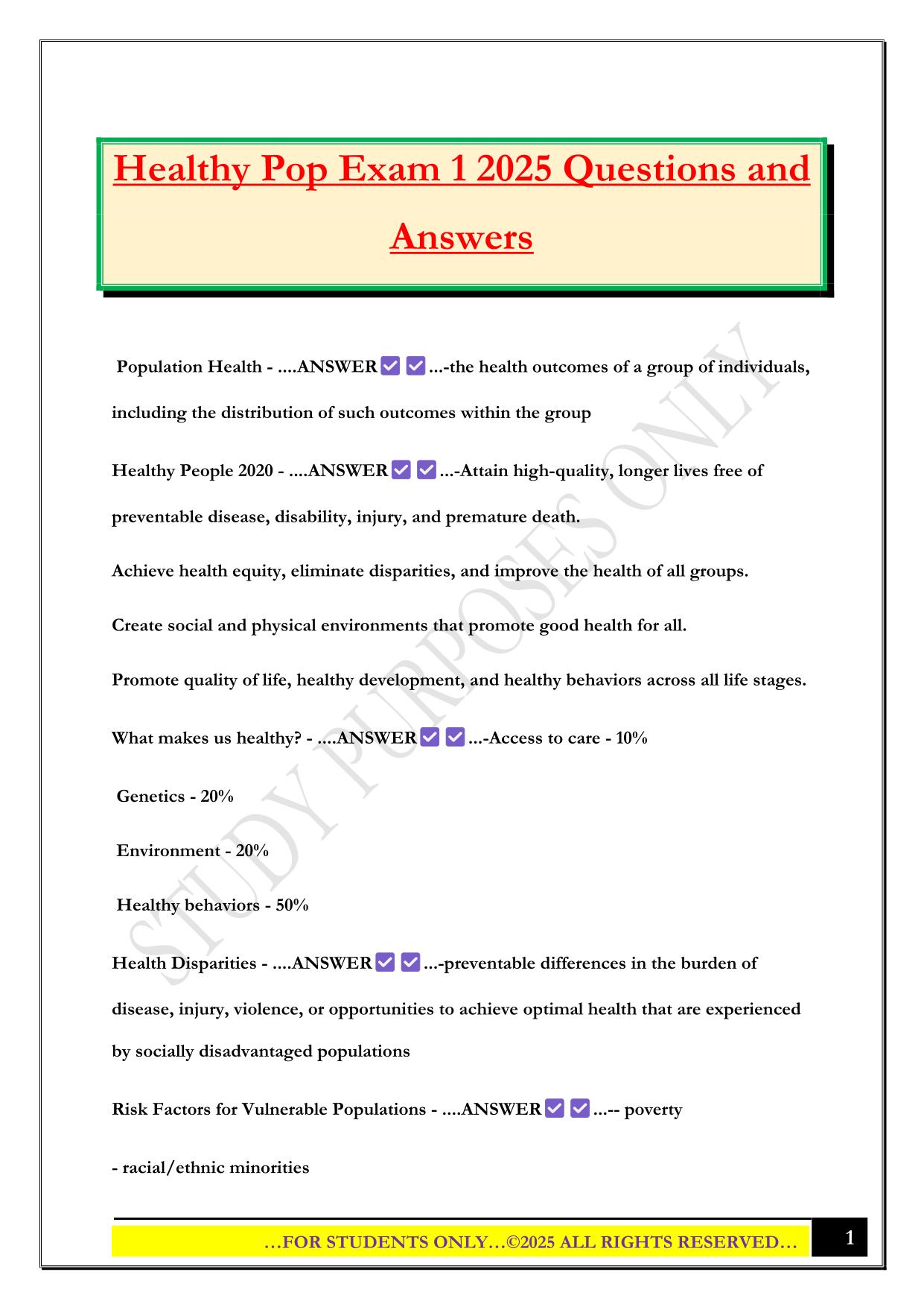 Healthy Pop Exam 1 2025 Questions and Answers