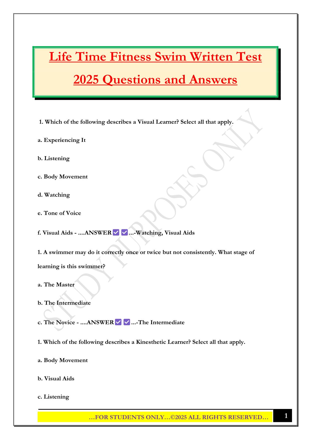 Life Time Fitness Swim Written Test 2025 Questions and Answers