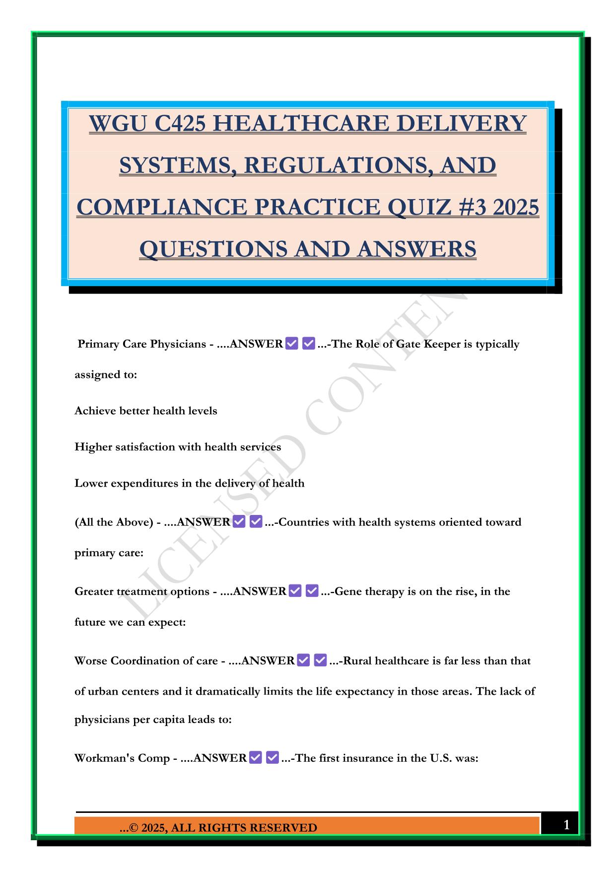 WGU C425 HEALTHCARE DELIVERY SYSTEMS, REGULATIONS, AND COMPLIANCE PRACTICE QUIZ #3 2025 QUESTIONS AND ANSWERS